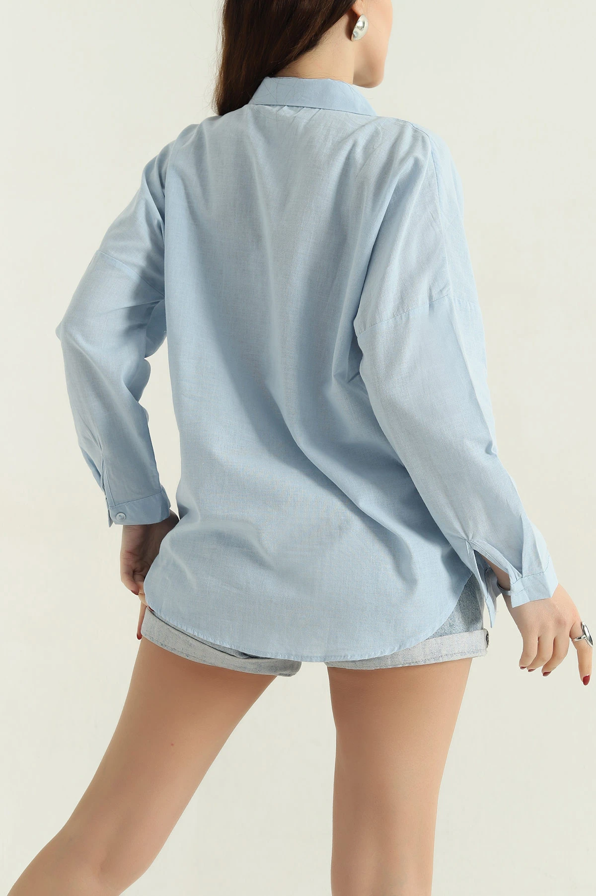 Bebe Mavisi Çift Cep Oversize Keten Gömlek 336983