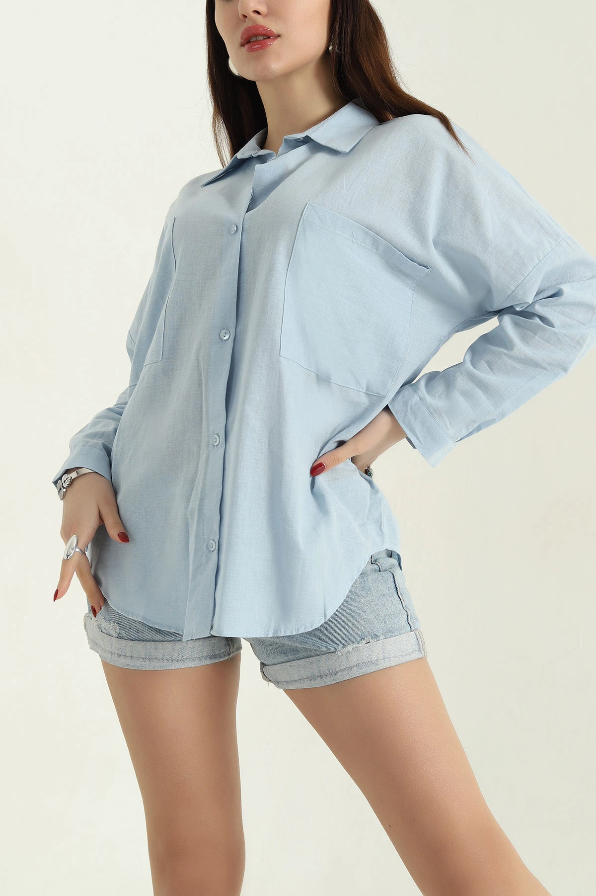 Bebe Mavisi Çift Cep Oversize Keten Gömlek 336983