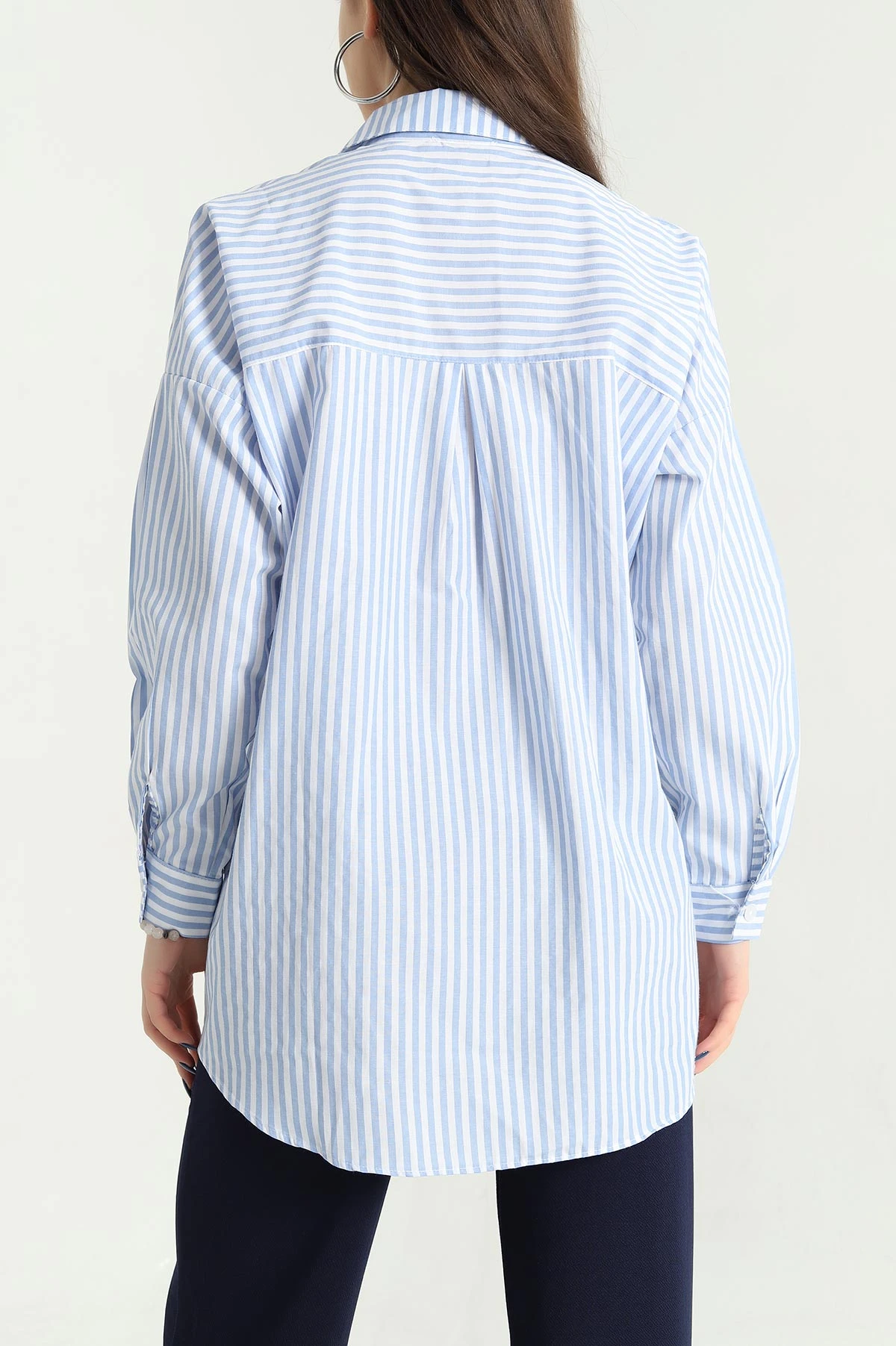 Bebe Mavisi Çizgili Çiçek Detay Poplin Bayan Gömlek 337968
