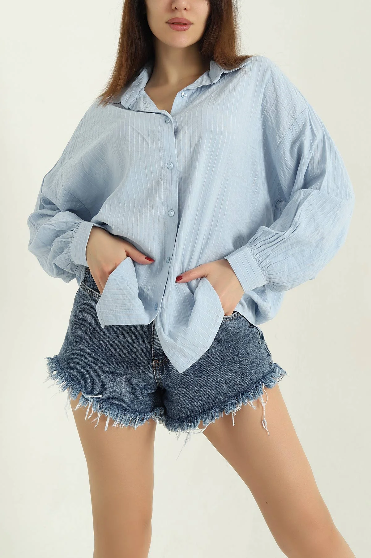 Bebe Mavisi Çizgili Oversize Bayan Keten Gömlek 336988