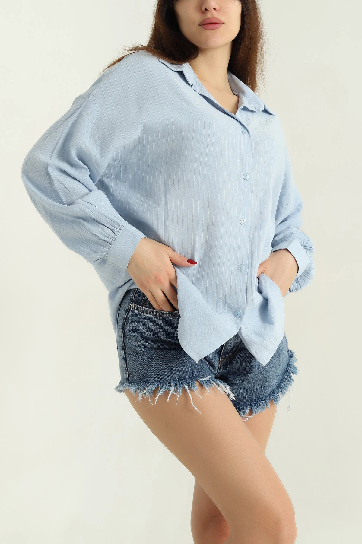 Bebe Mavisi Çizgili Oversize Bayan Keten Gömlek 336988