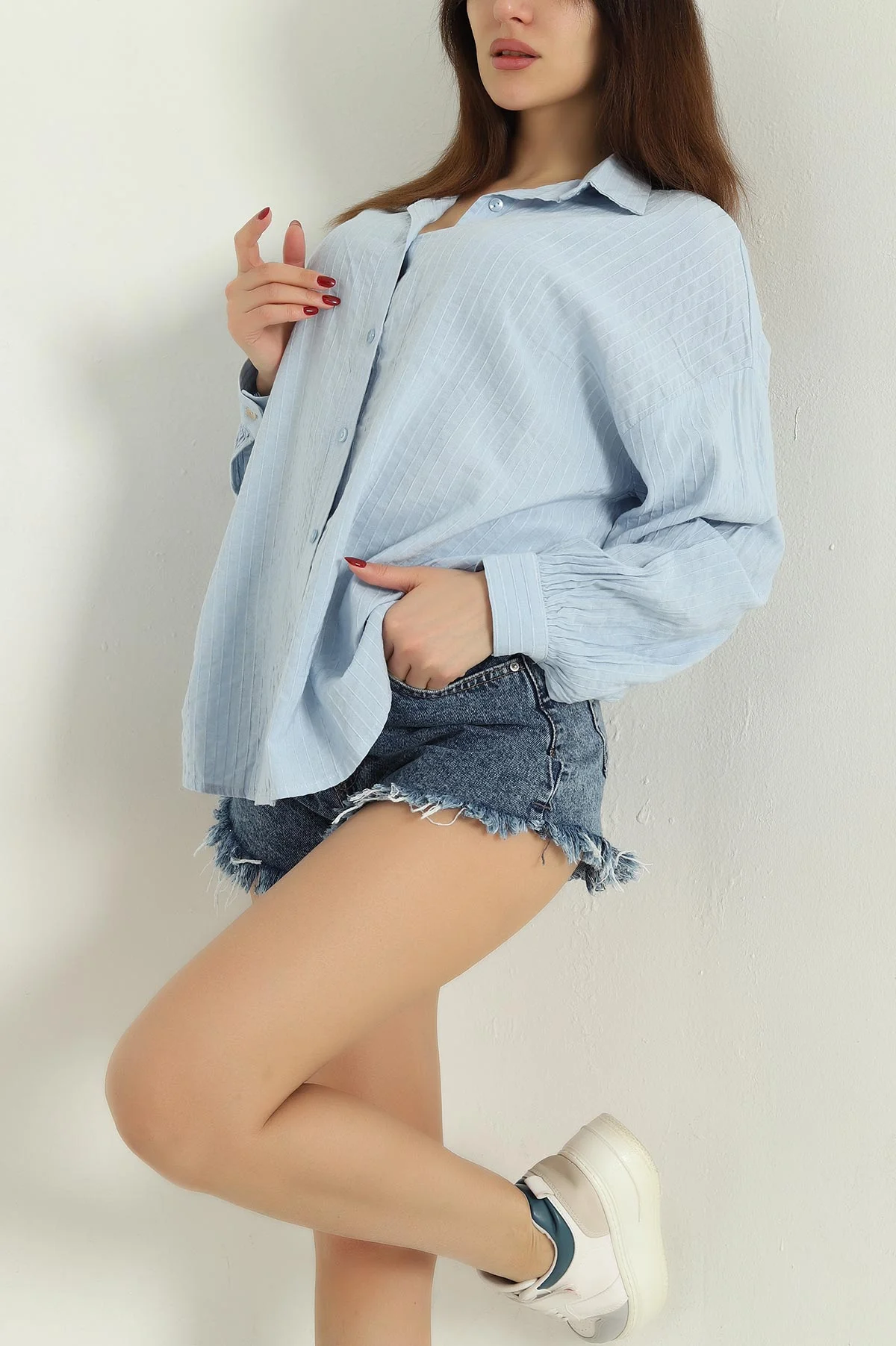 Bebe Mavisi Çizgili Oversize Bayan Keten Gömlek 336988
