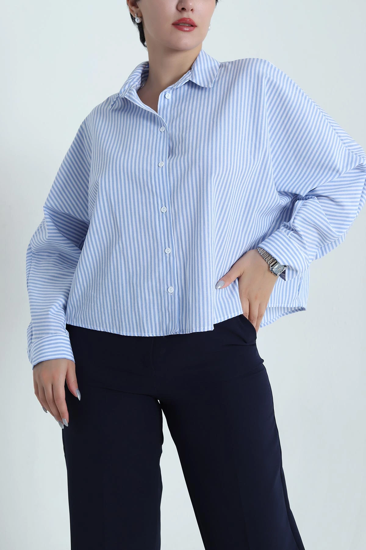 Bebe Mavisi Çizgili Oversize Poplin Kadın Gömlek 479949