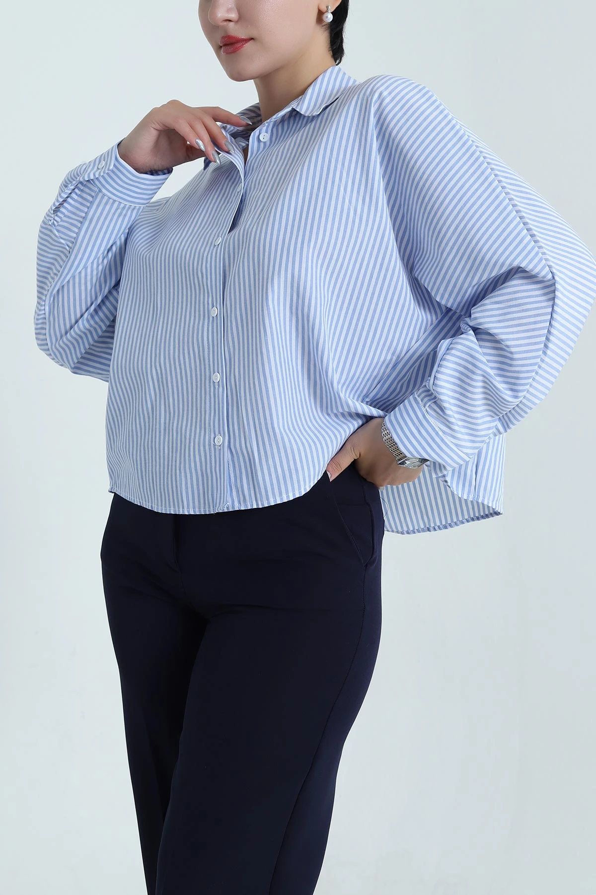 Bebe Mavisi Çizgili Oversize Poplin Kadın Gömlek 479949