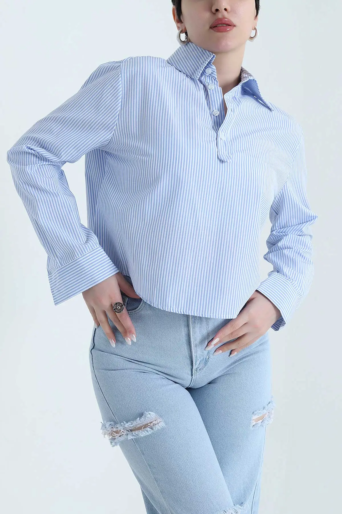 Bebe Mavisi Çizgili Poplin Kadın Gömlek Bluz 445799