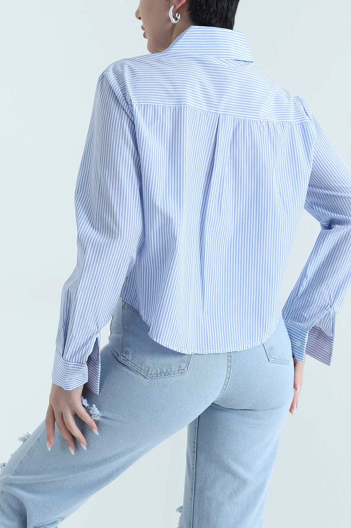 Bebe Mavisi Çizgili Poplin Kadın Gömlek Bluz 445799