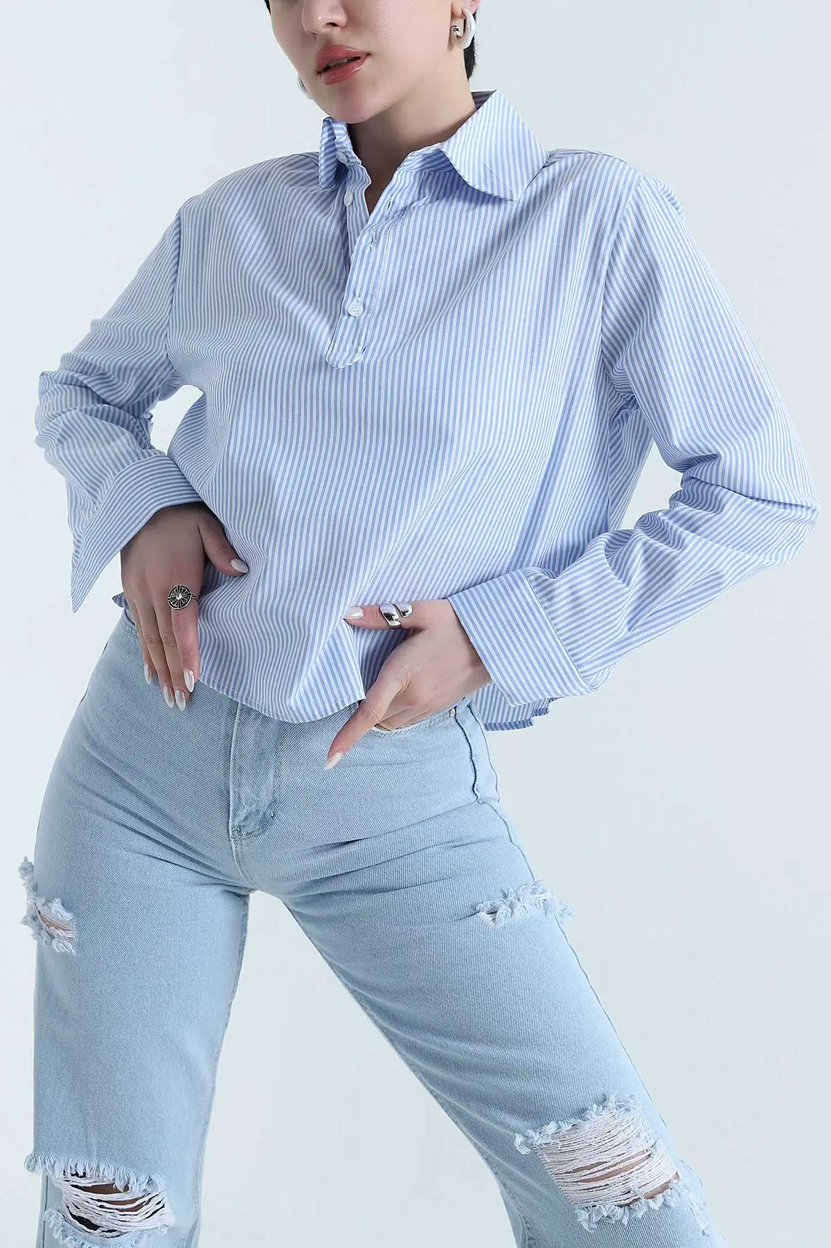 Bebe Mavisi Çizgili Poplin Kadın Gömlek Bluz 445799