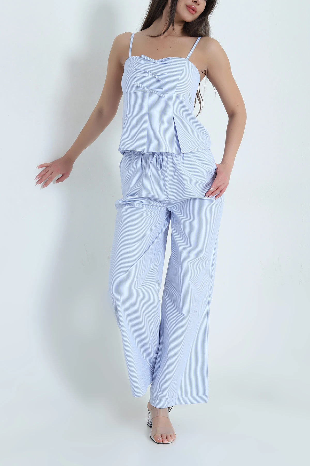 Bebe Mavisi Çizgili Poplin Kadın İkili Takım 459610