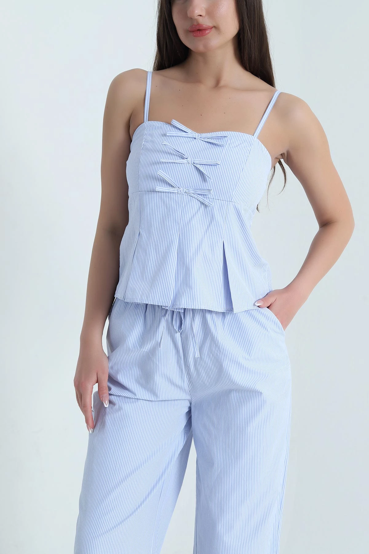 Bebe Mavisi Çizgili Poplin Kadın İkili Takım 459610