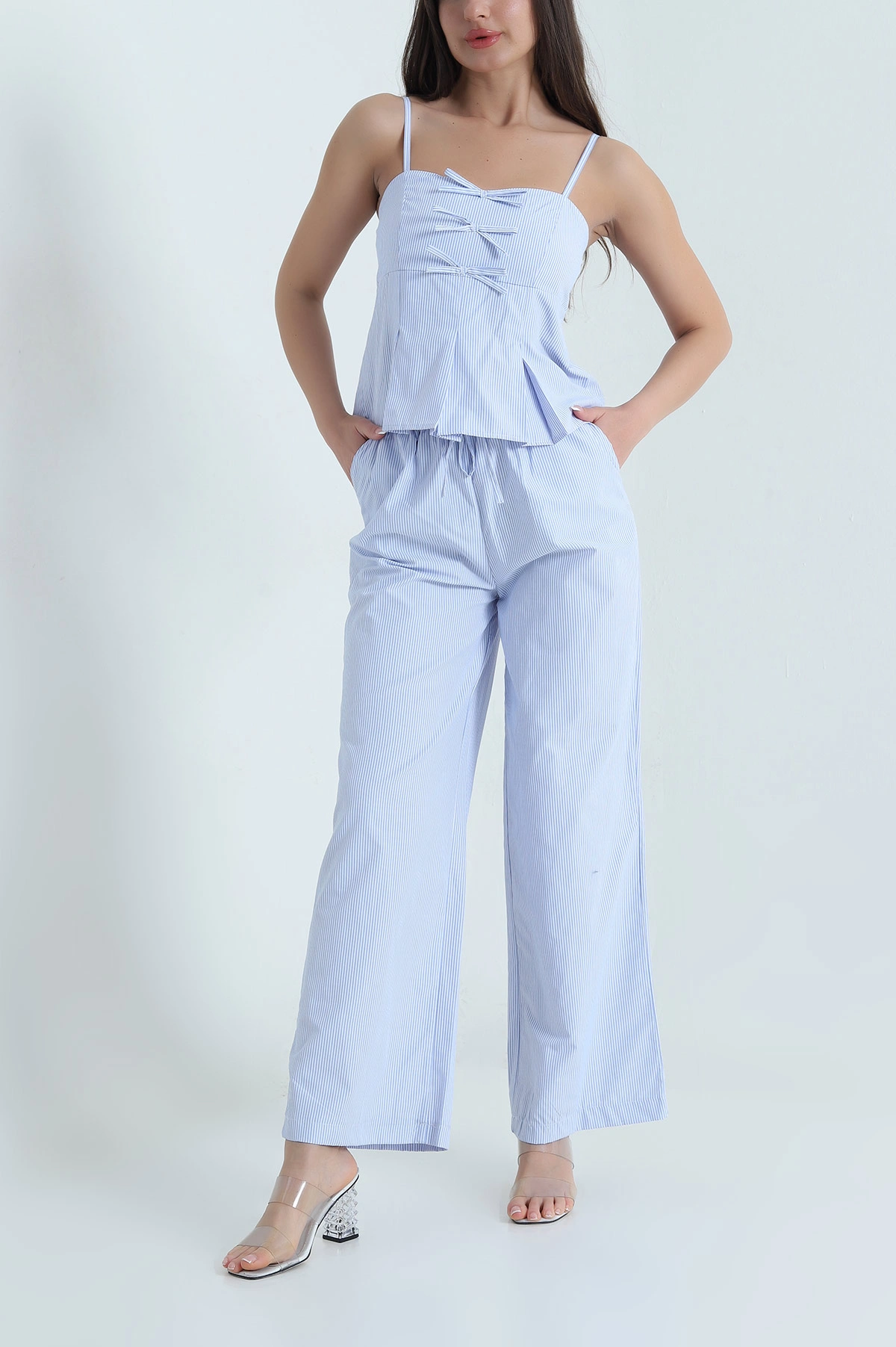 Bebe Mavisi Çizgili Poplin Kadın İkili Takım 459610