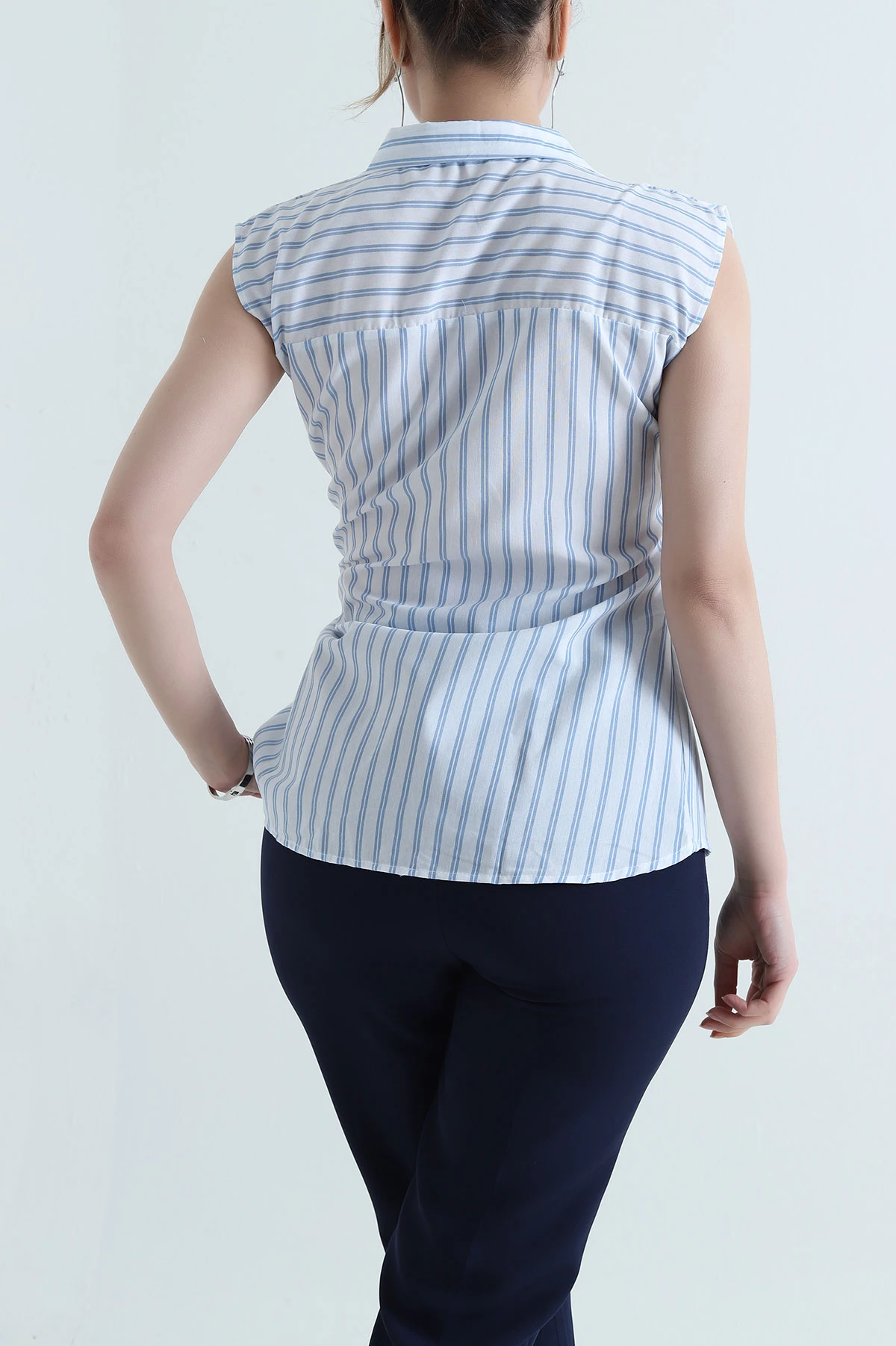 Bebe Mavisi Çizgili Poplin Kolsuz Kadın Bluz 452928