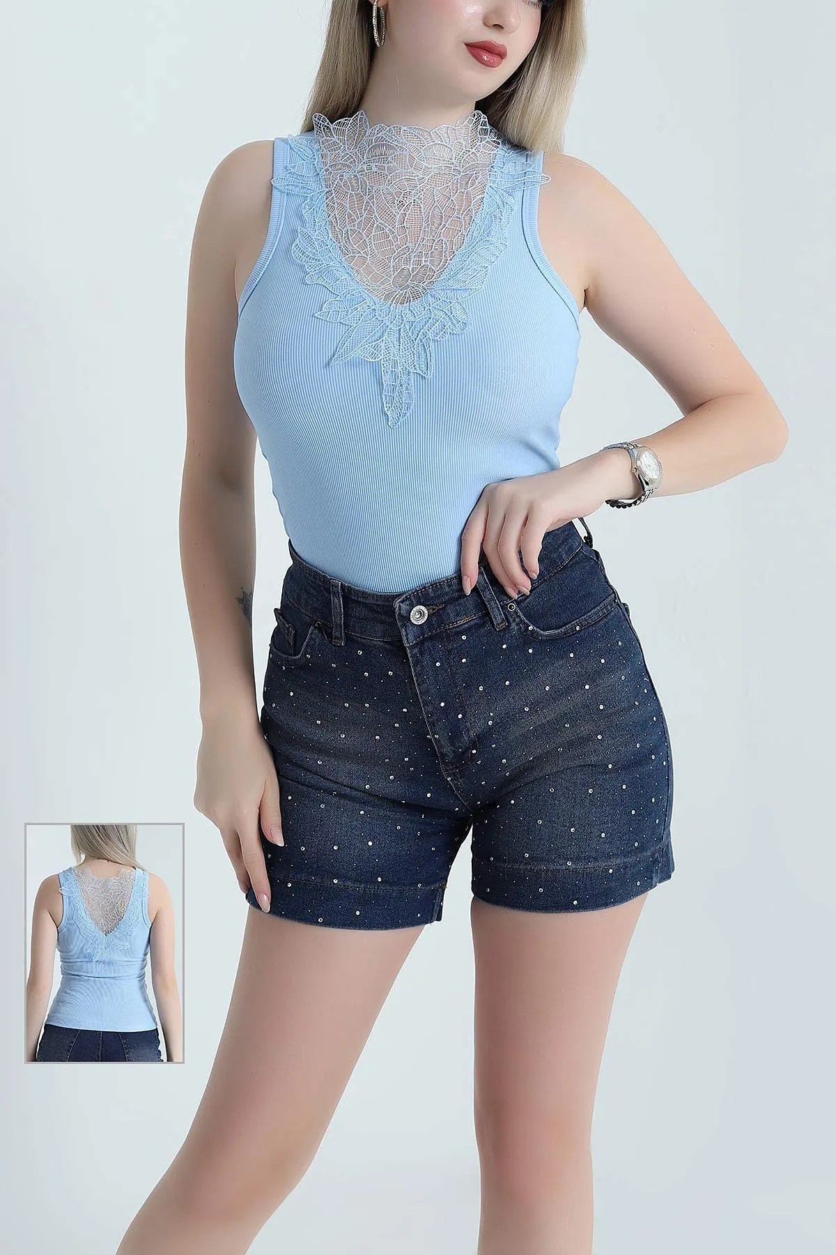Bebe Mavisi Dantel Detay Ottoman Kadın Bluz 466176