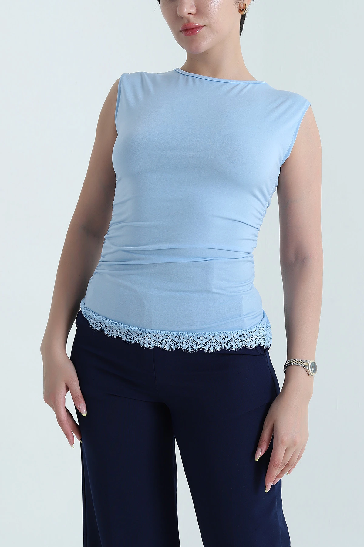 Bebe Mavisi Dantelli Büzgülü Likralı Sandy Kadın Bluz 469487