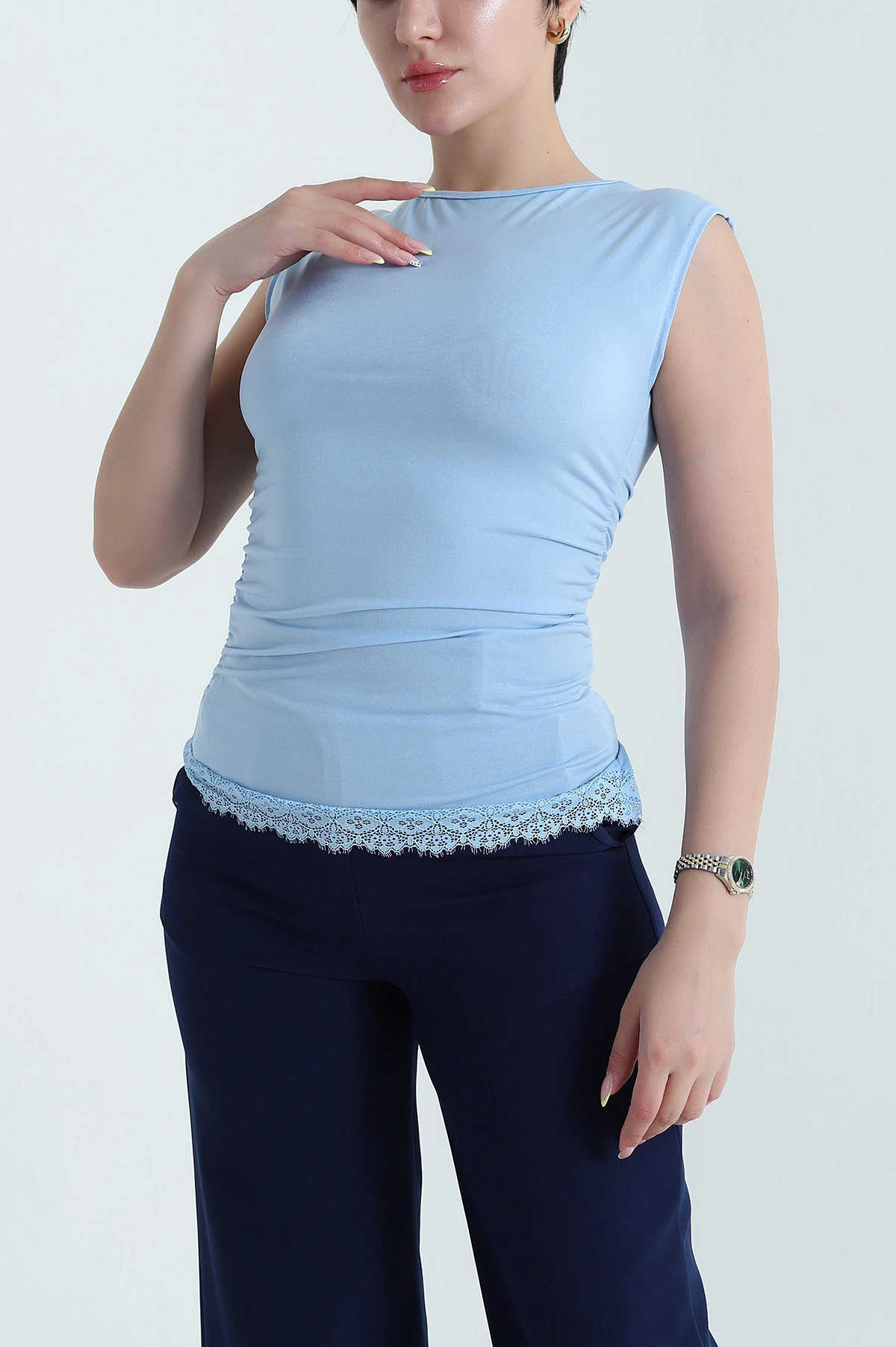 Bebe Mavisi Dantelli Büzgülü Likralı Sandy Kadın Bluz 469487
