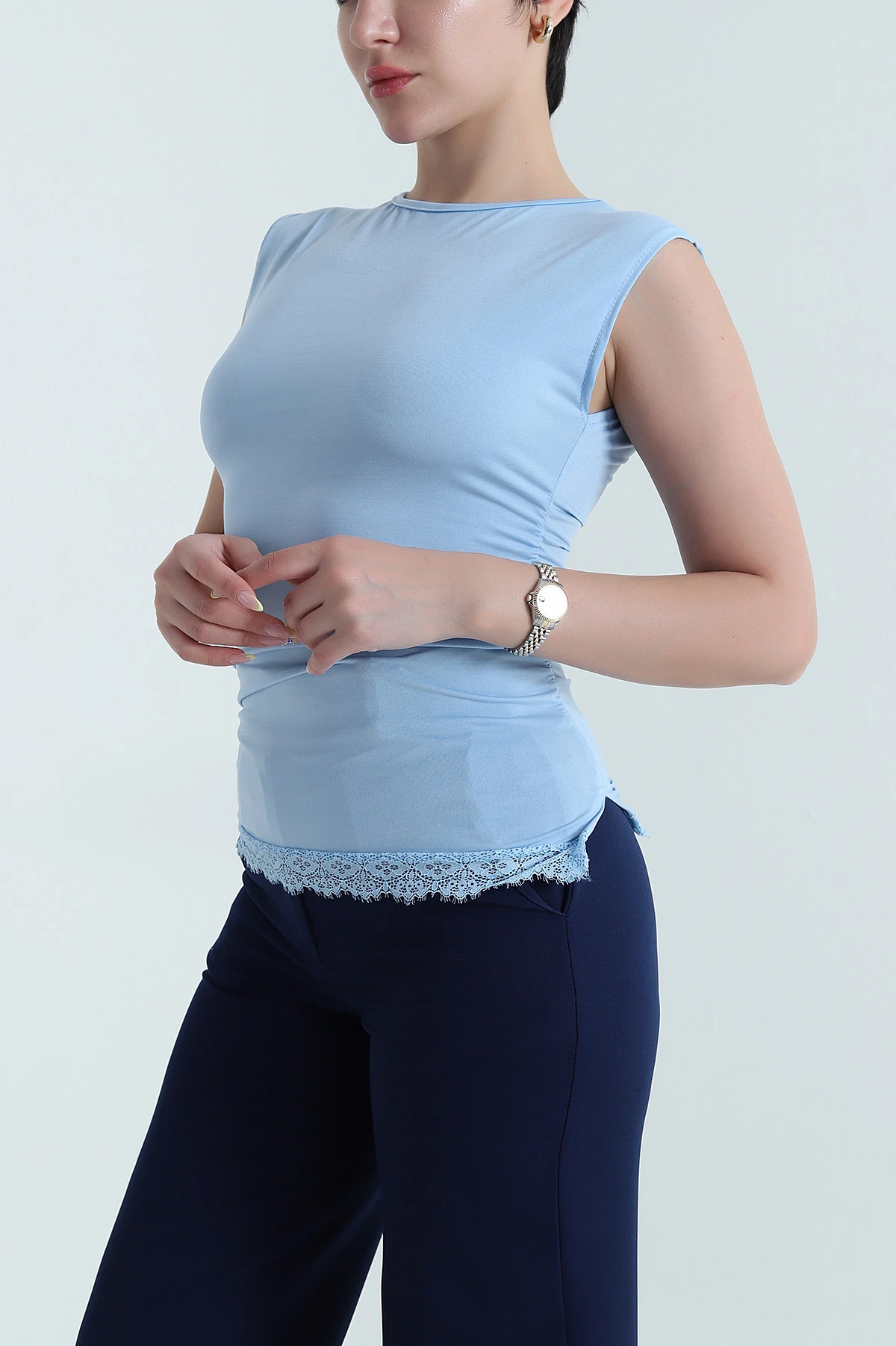 Bebe Mavisi Dantelli Büzgülü Likralı Sandy Kadın Bluz 469487