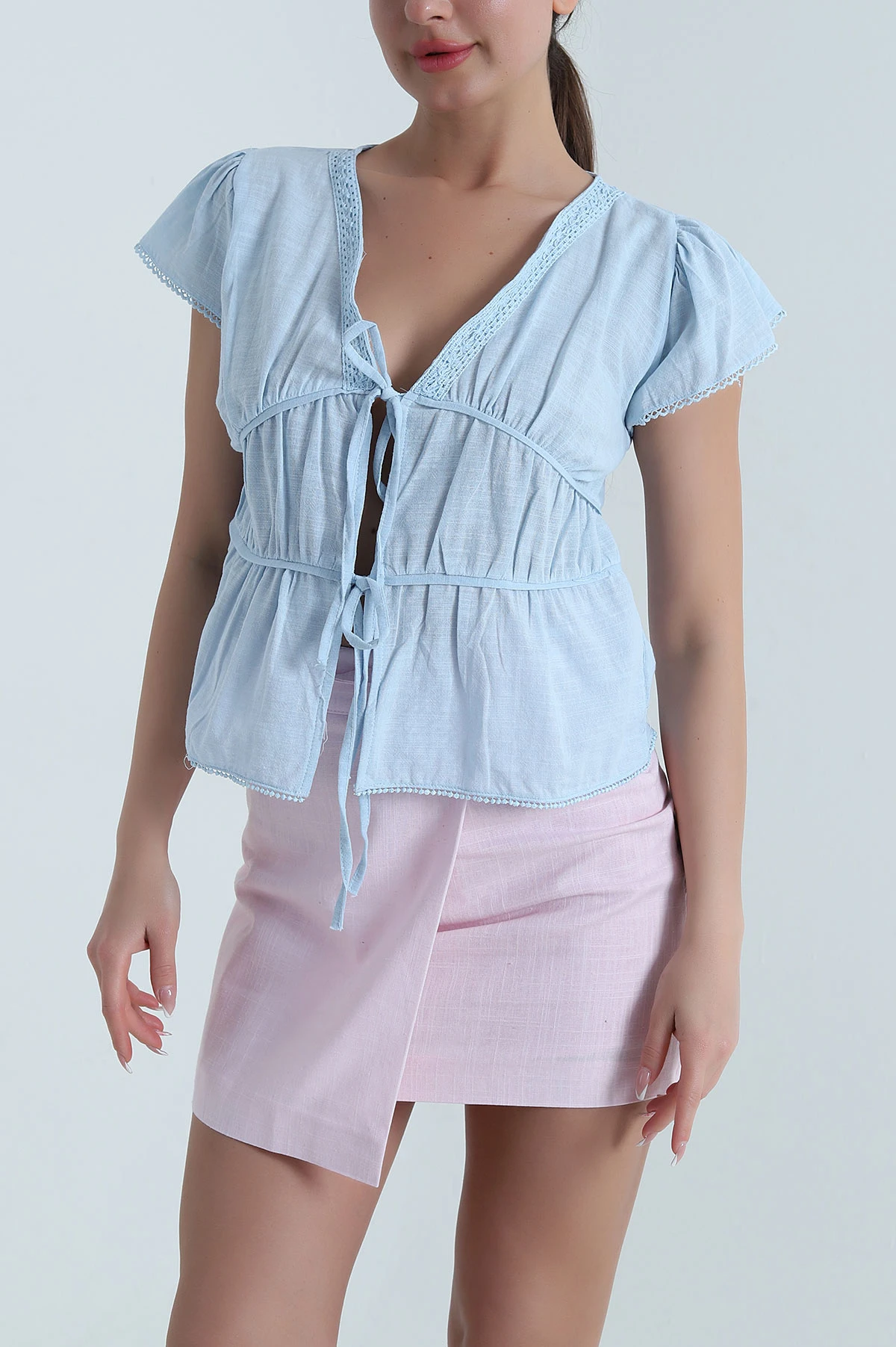 Bebe Mavisi Dantelli Keten Kadın BLuz 458370