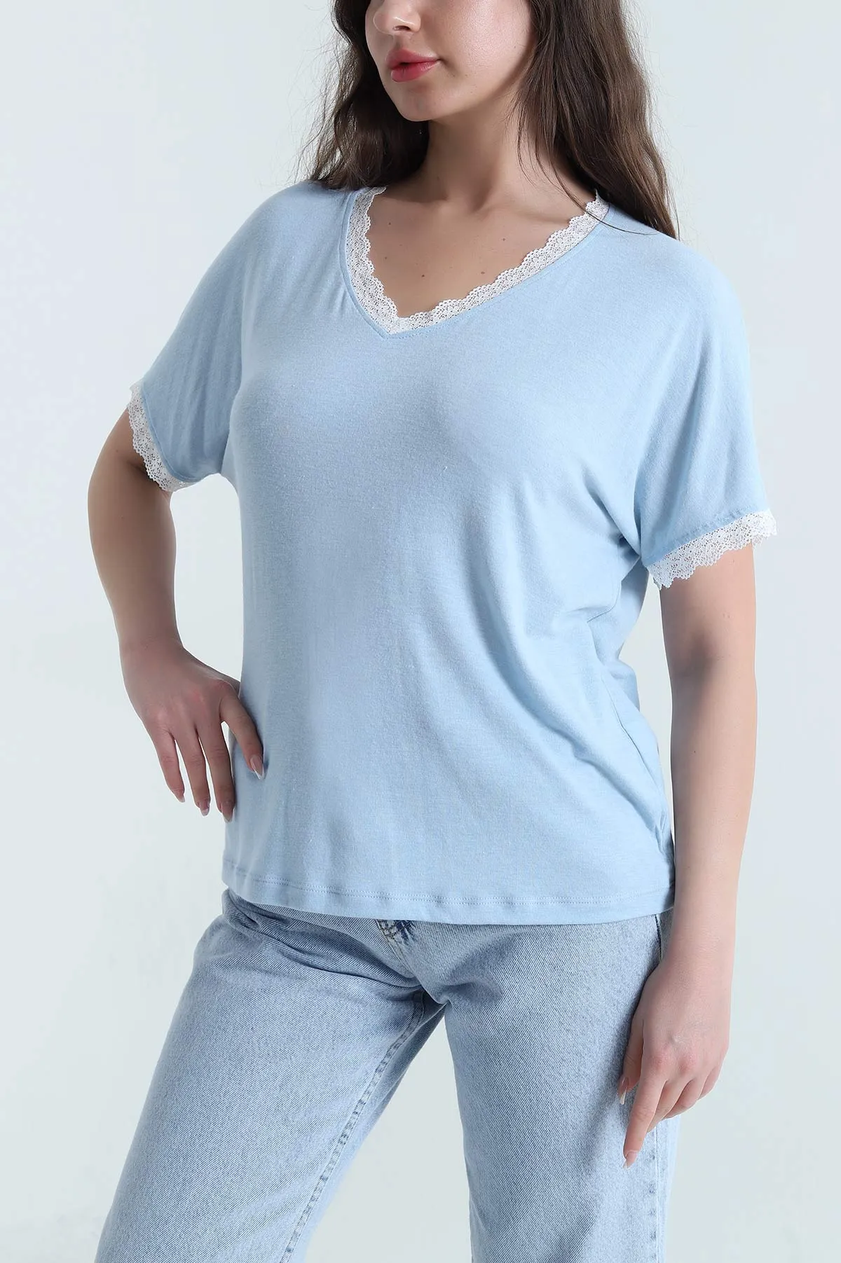 Bebe Mavisi Dantelli Likralı Viskon Kadın Bluz 456252