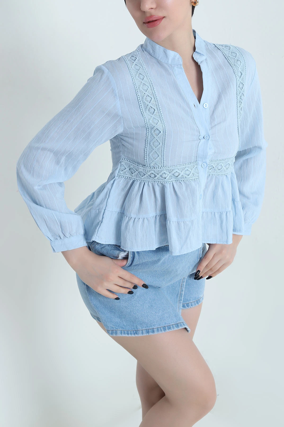 Bebe Mavisi Dantelli Tencel Kadın Gömlek 455177