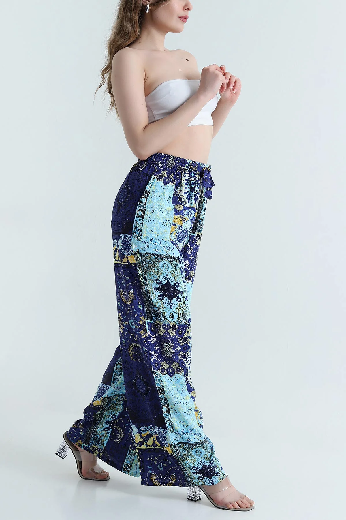 Bebe Mavisi Desenli Dokuma Kadın Pantolon 470245