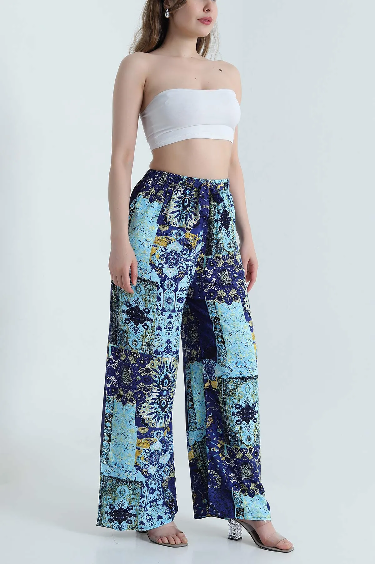 Bebe Mavisi Desenli Dokuma Kadın Pantolon 470245