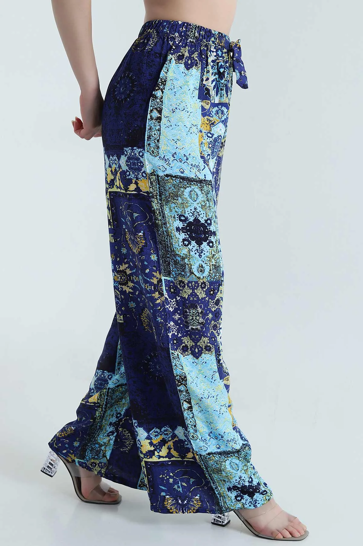 Bebe Mavisi Desenli Dokuma Kadın Pantolon 470245