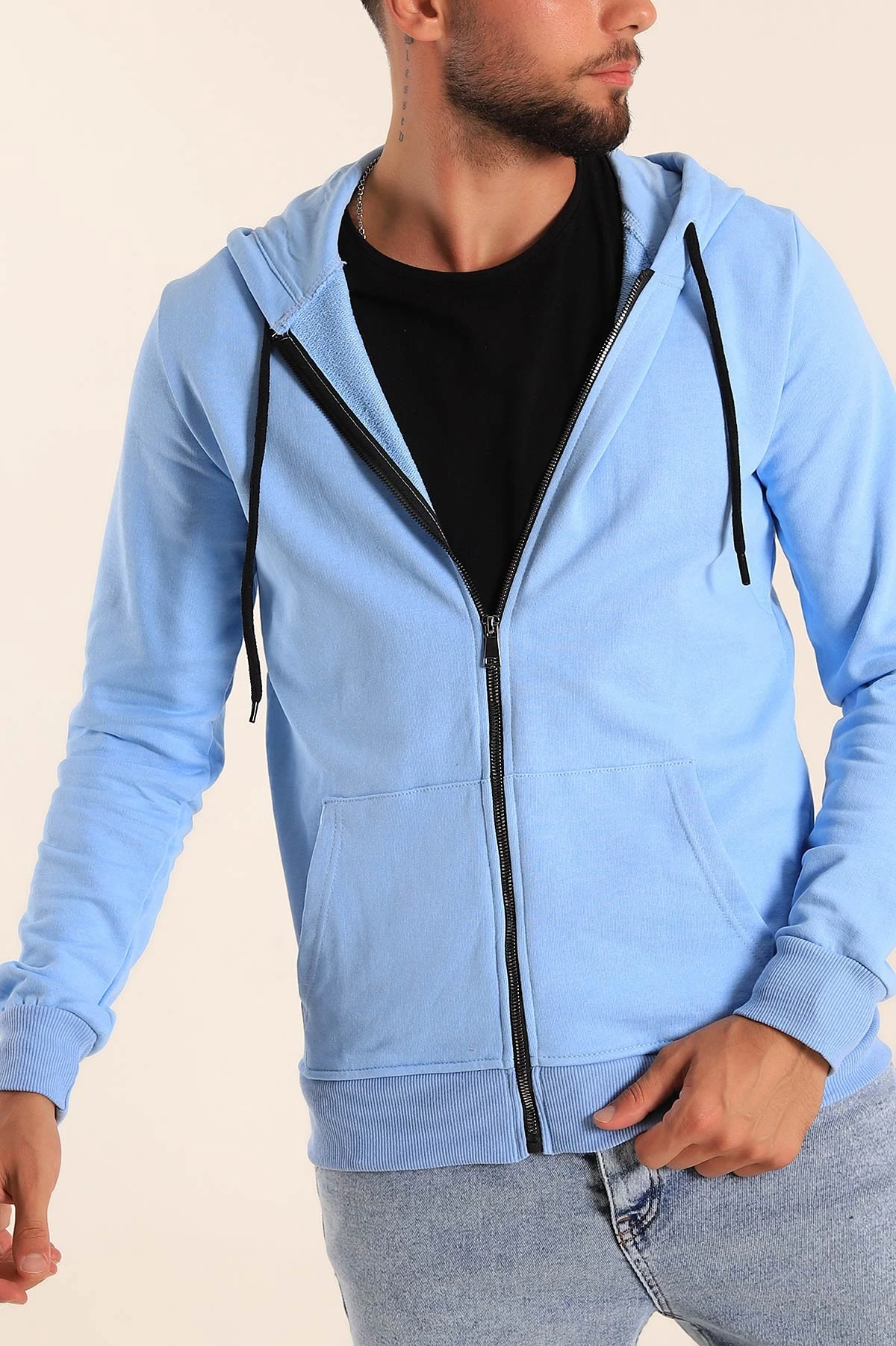 Bebe Mavisi Fermuarlı Kapüşonlu Erkek Sweatshirt 236556