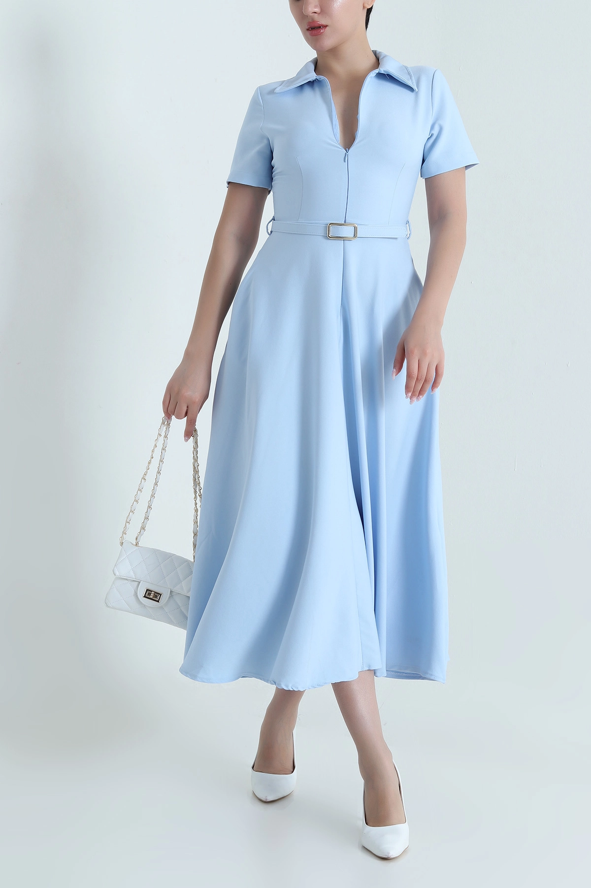 Bebe Mavisi Fermuarlı Polo Yaka Krep Kadın Elbise 465025