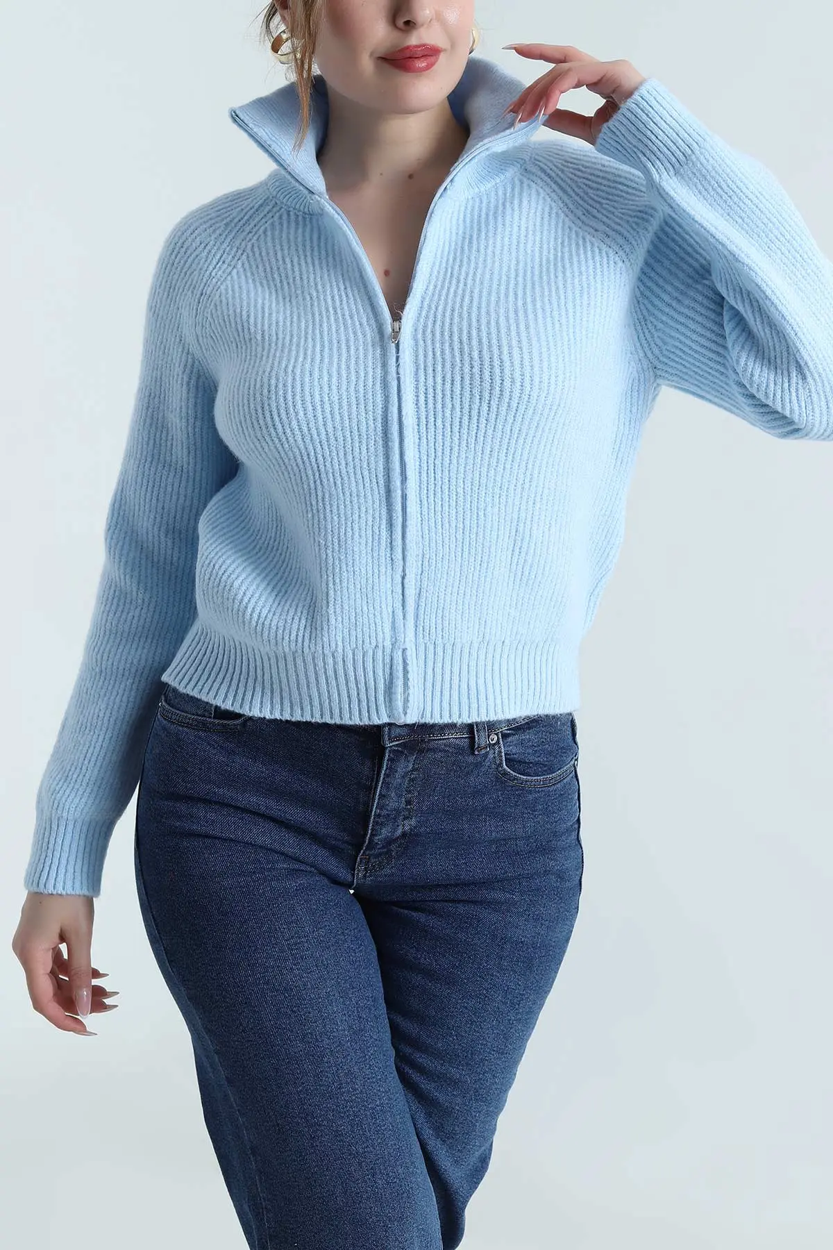 Bebe Mavisi Fermuarlı Tasarım Kadın Triko Hırka 489640