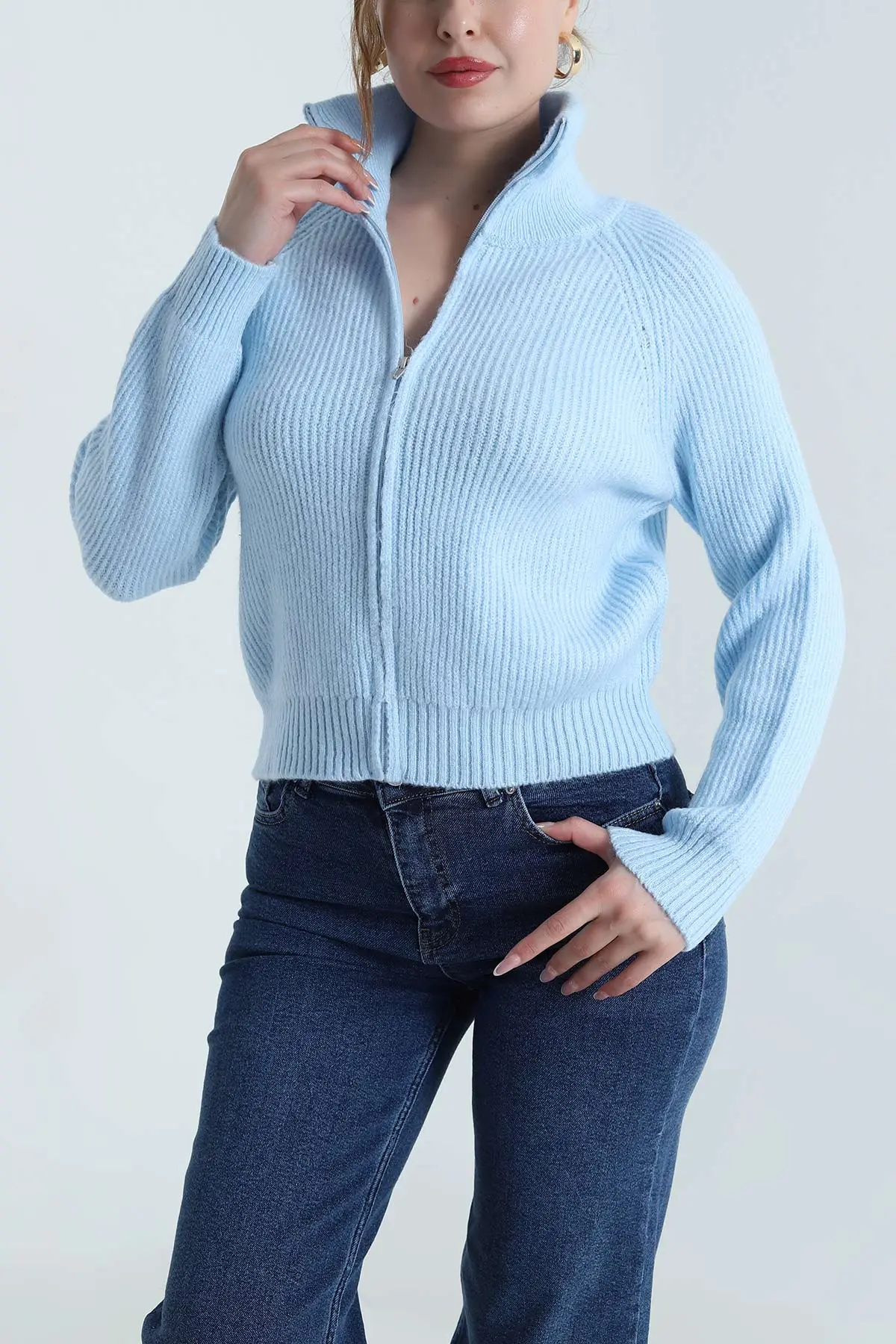 Bebe Mavisi Fermuarlı Tasarım Kadın Triko Hırka 489640