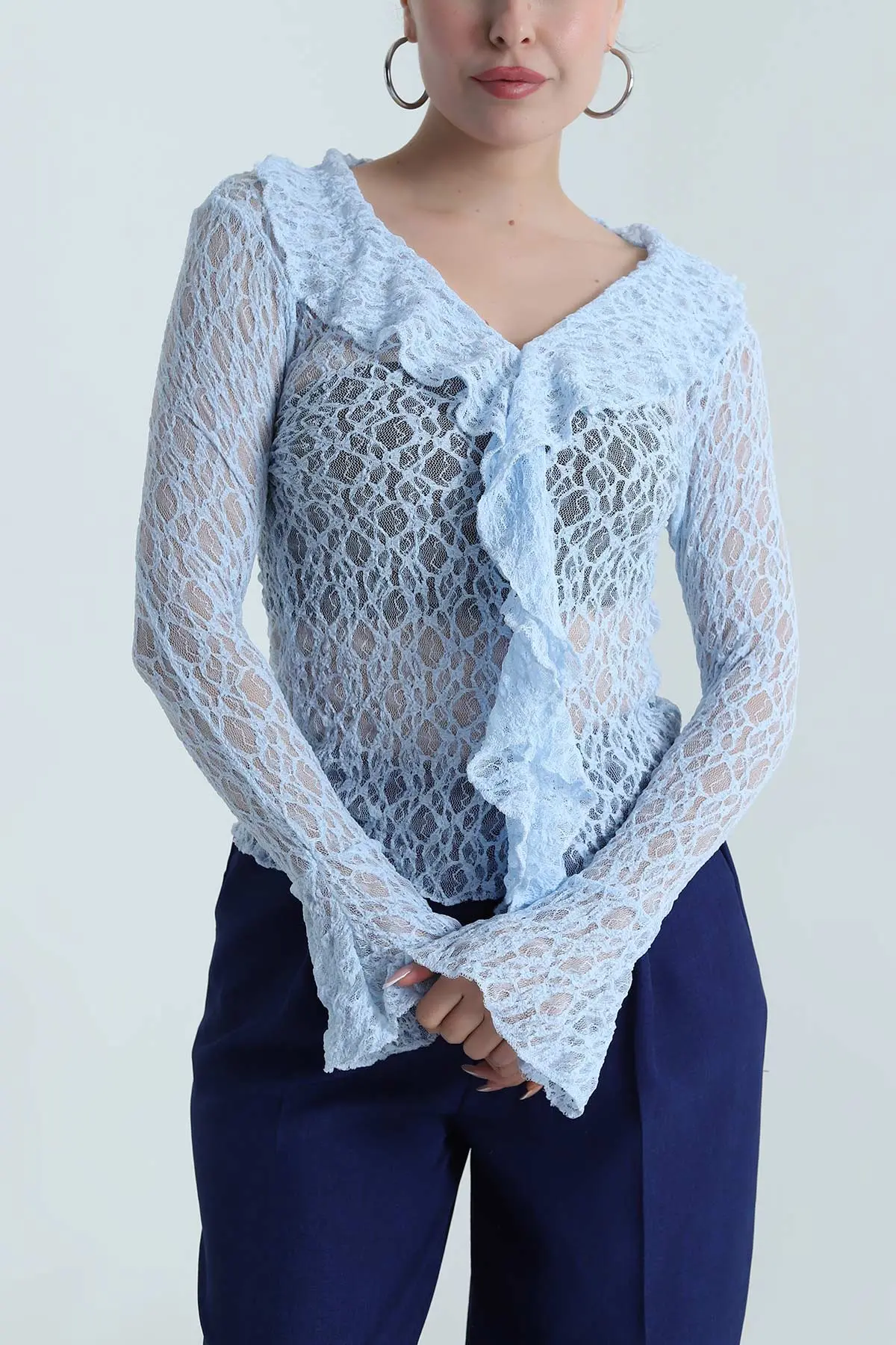 Bebe Mavisi Fırfırlı Dantelli Kadın Bluz 488640