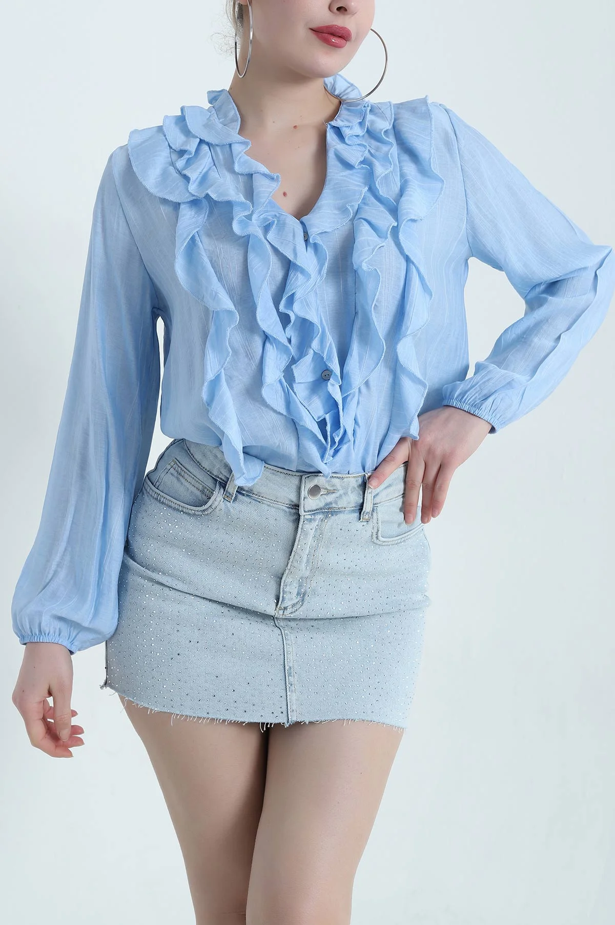 Bebe Mavisi Fırfırlı Transparan Kadın Bluz 440345
