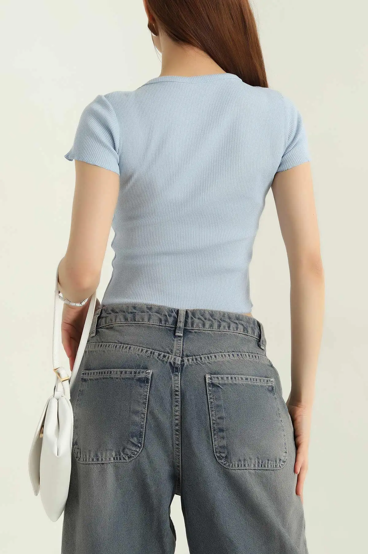 Bebe Mavisi Fitilli Likralı Bisiklet Yaka Kadın Bady Bluz 364806