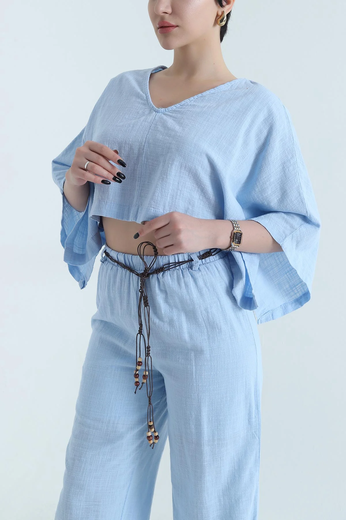 Bebe Mavisi Flam Keten Kemerli Kadın İkili Takım 453647