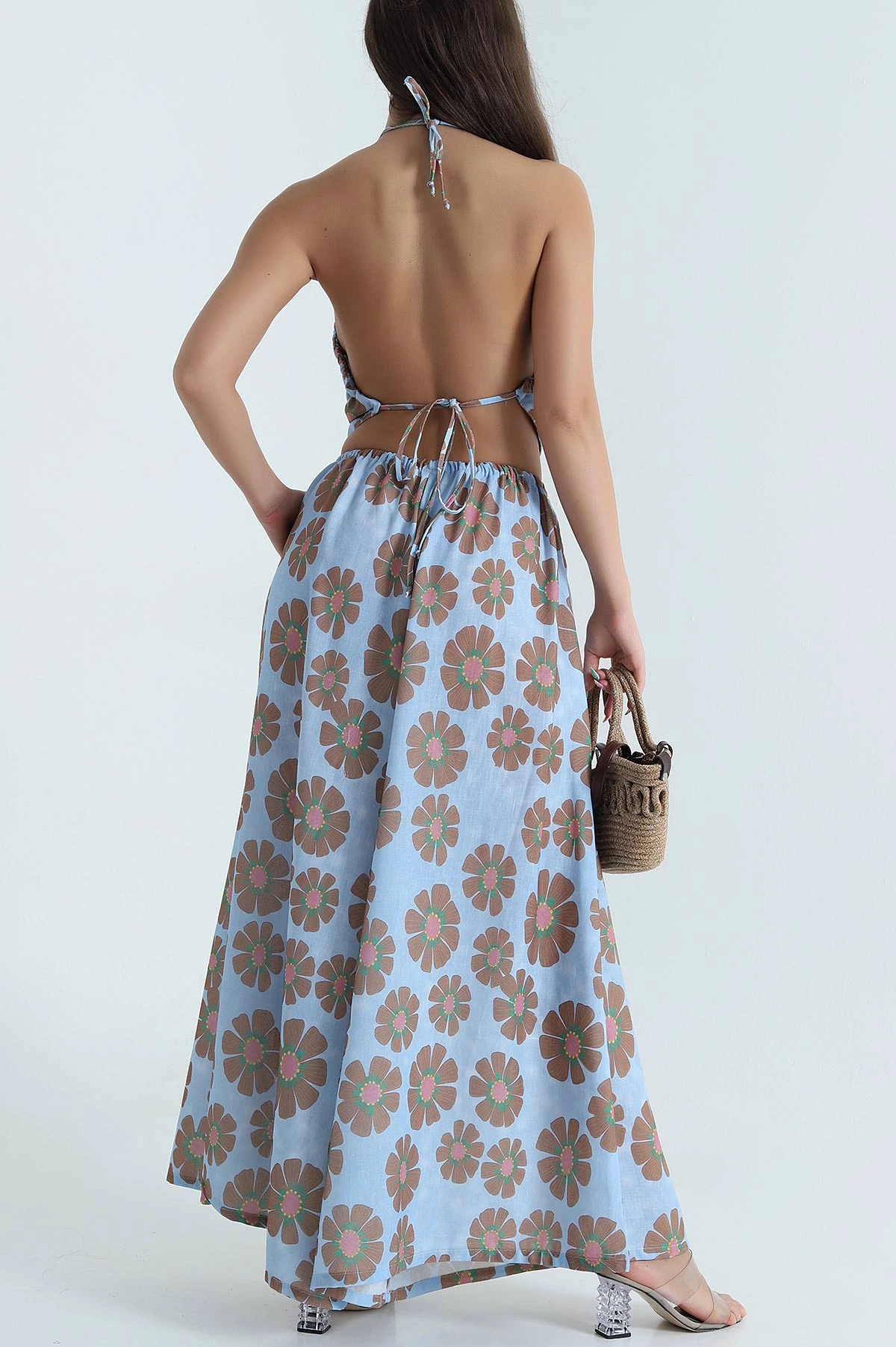 Bebe Mavisi Flam Pamuk Keten Büzgülü Halter Top Pantolon Takımı 468700