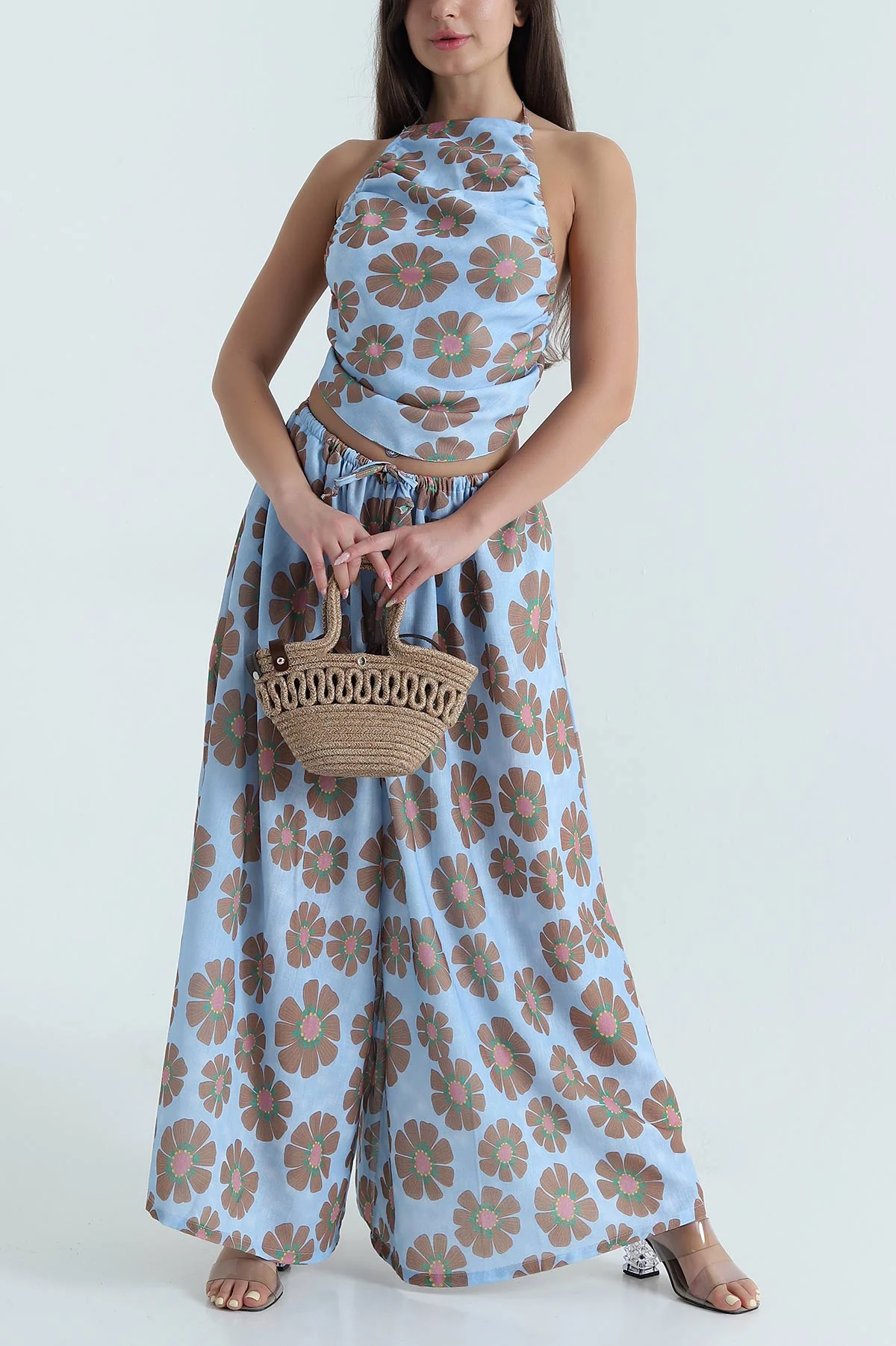 Bebe Mavisi Flam Pamuk Keten Büzgülü Halter Top Pantolon Takımı 468700