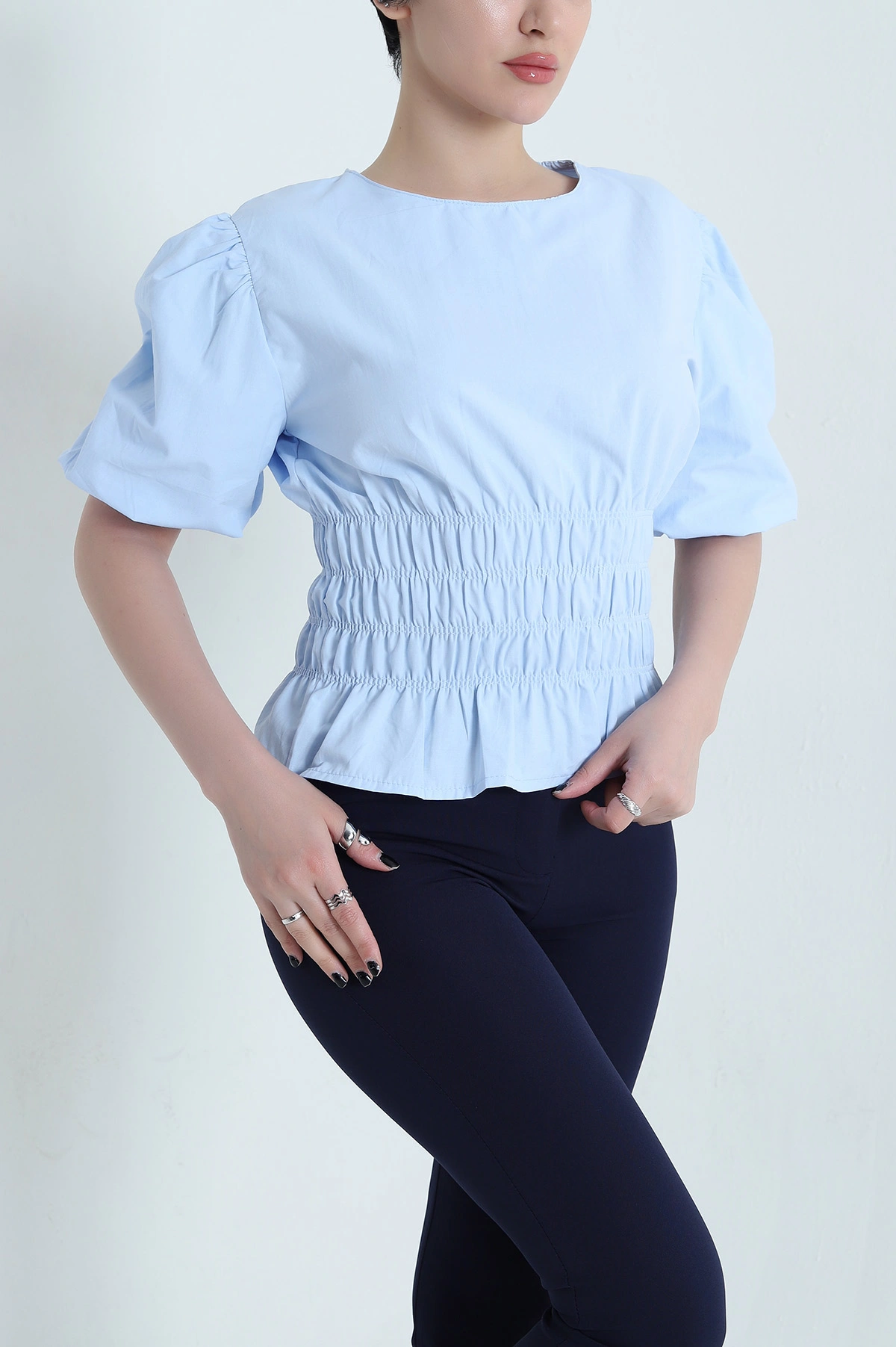 Bebe Mavisi Gipeli Balon Kol Poplin Kadın Bluz 455934