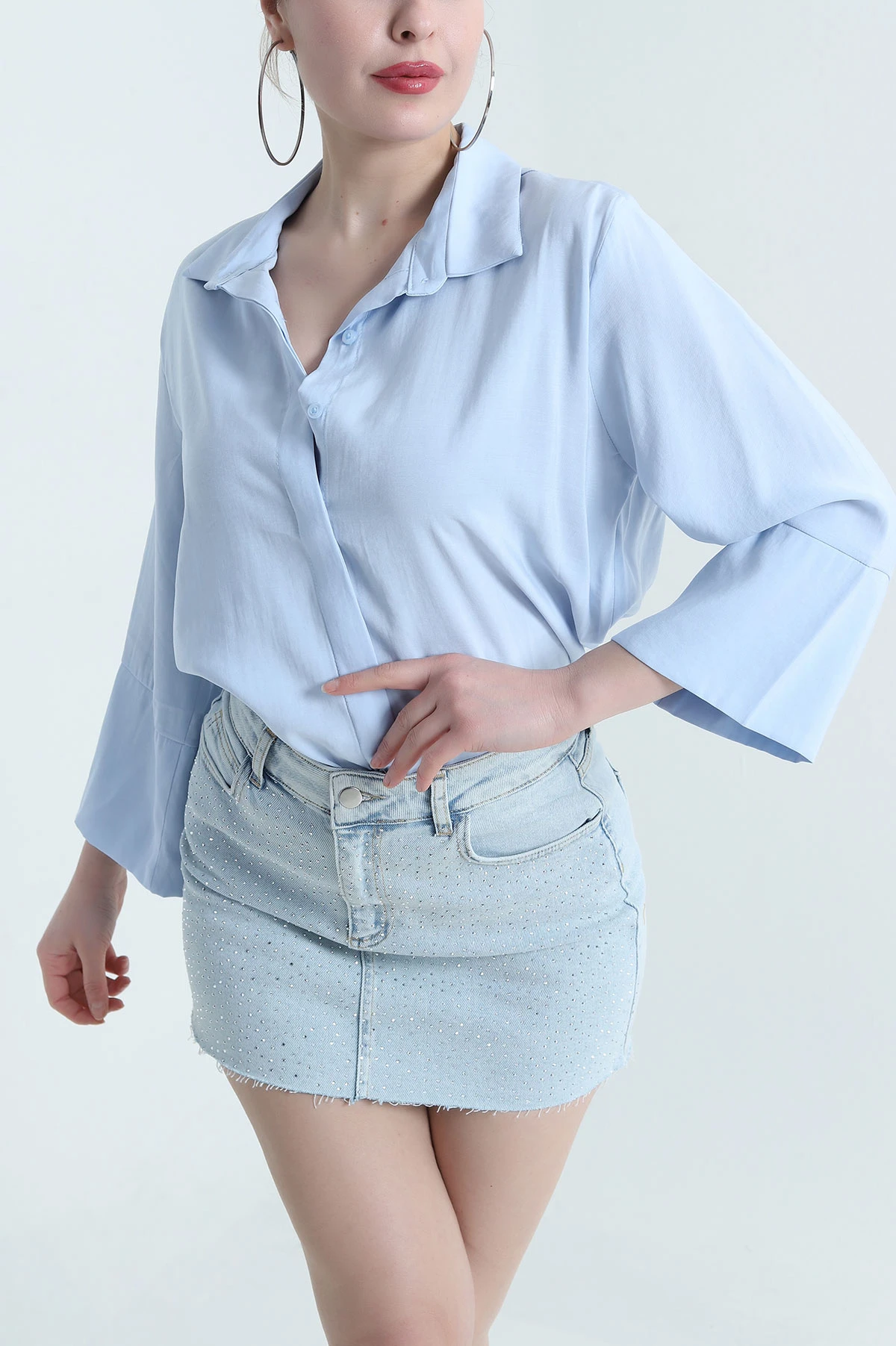 Bebe Mavisi Gizli Pat Oversize Modal Kadın Gömlek 440206