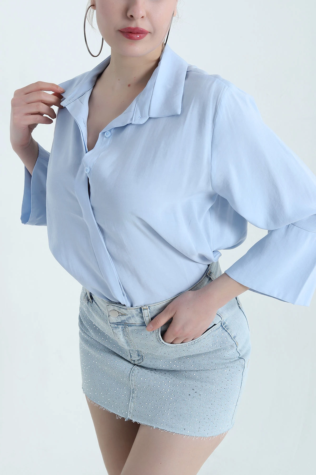 Bebe Mavisi Gizli Pat Oversize Modal Kadın Gömlek 440206