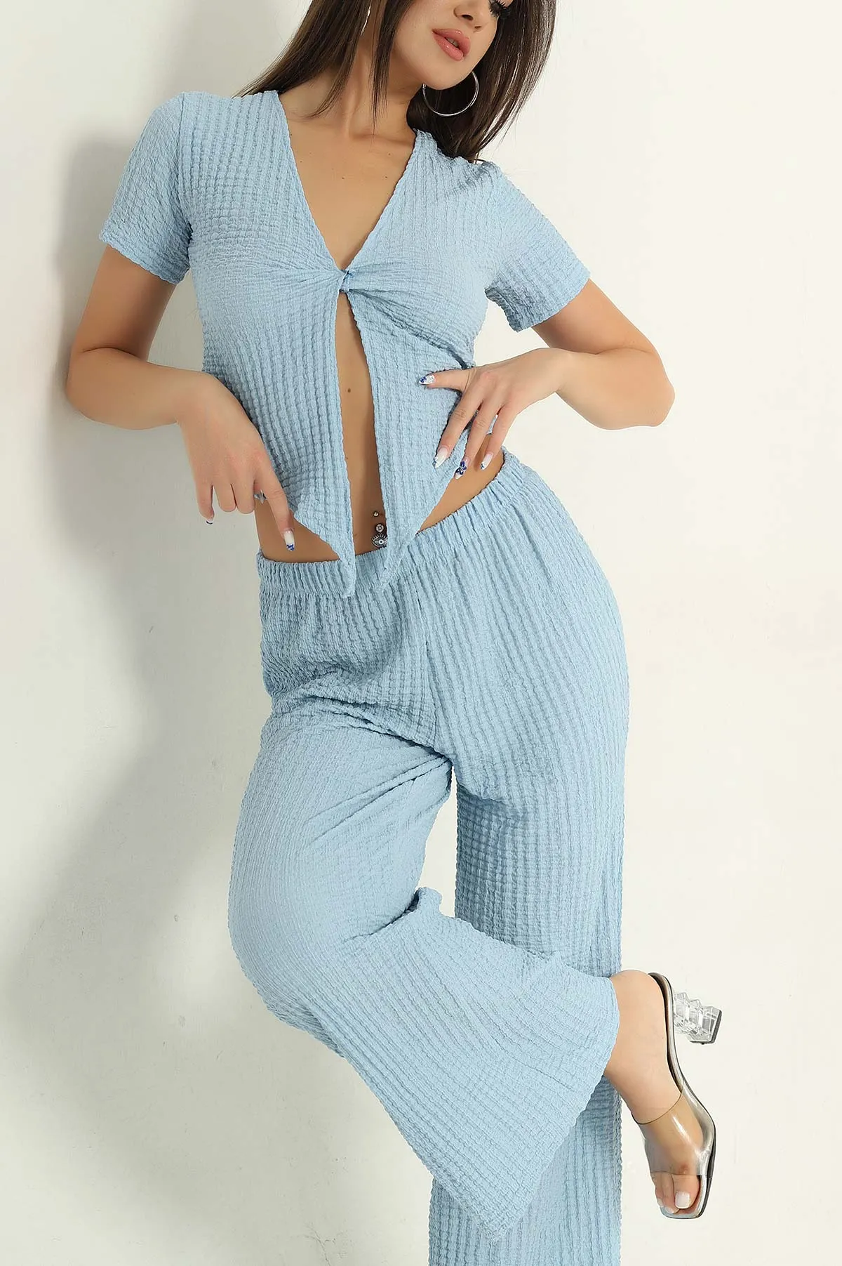 Bebe Mavisi Gofre Likralı Kadın İkili Takım 369559
