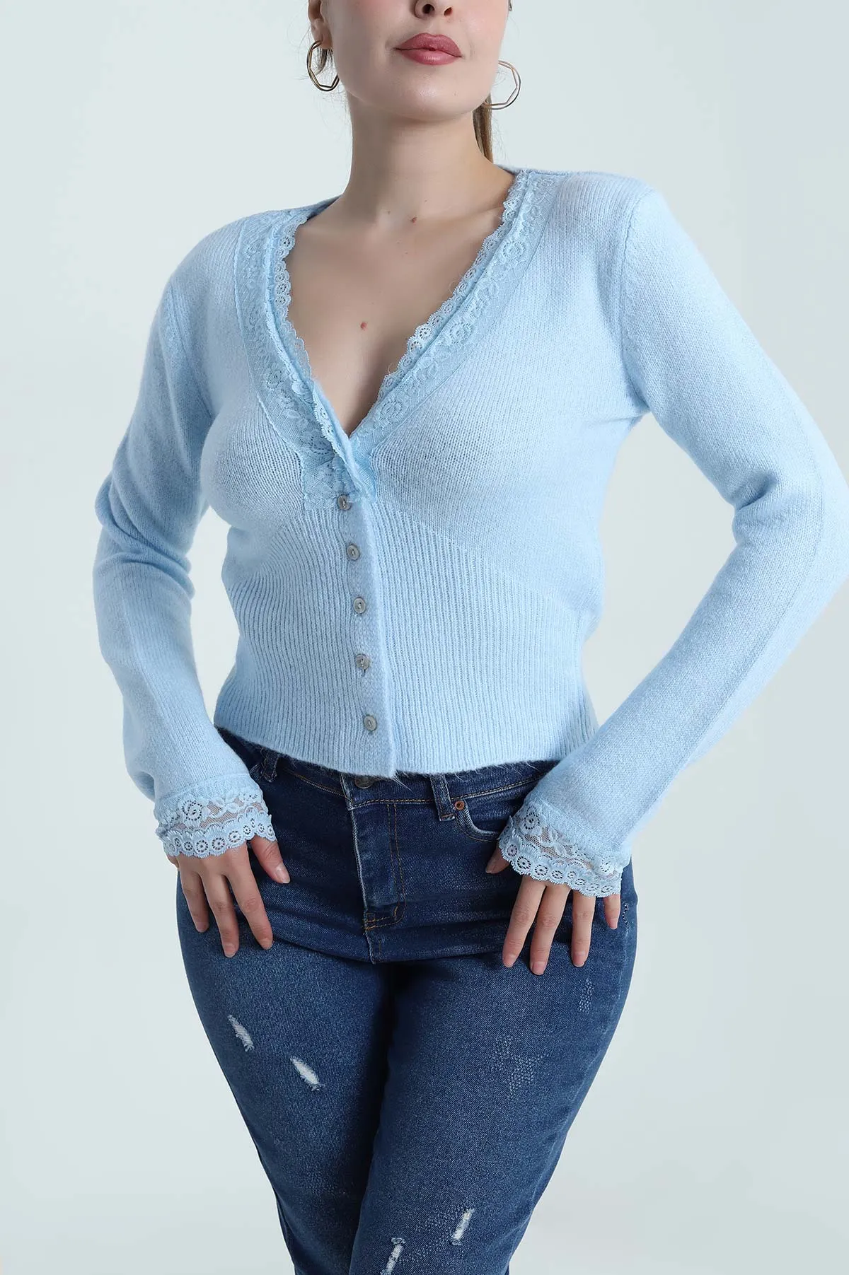 Bebe Mavisi Güpürlü Düğmeli Kadın Triko Hırka 484465