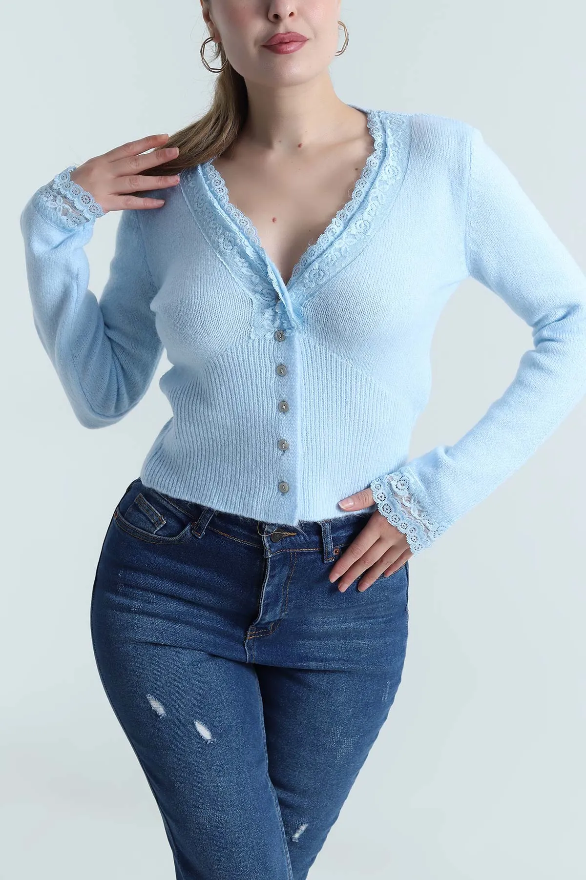 Bebe Mavisi Güpürlü Düğmeli Kadın Triko Hırka 484465