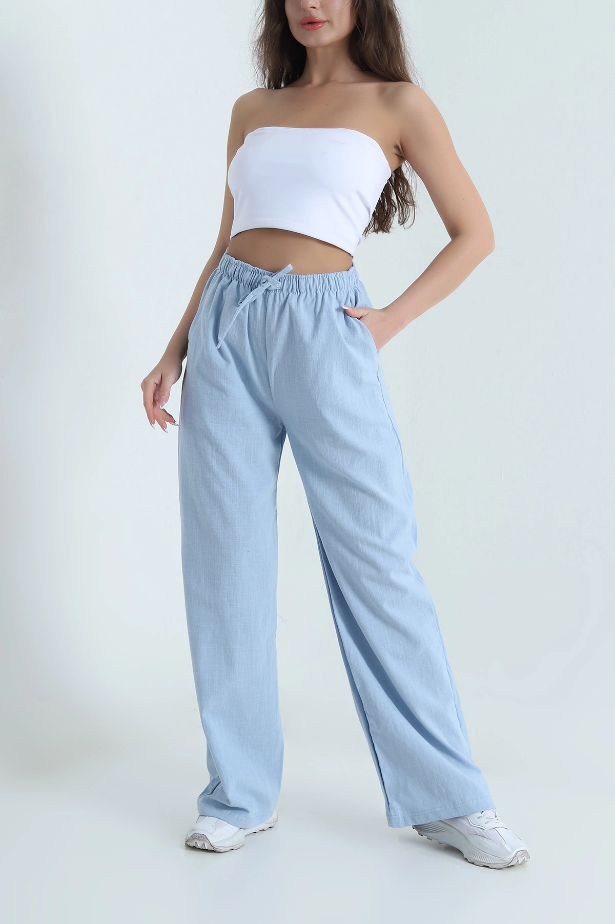 Bebe Mavisi Ham Bez Keten Palazzo Kadın Pantolon 462096