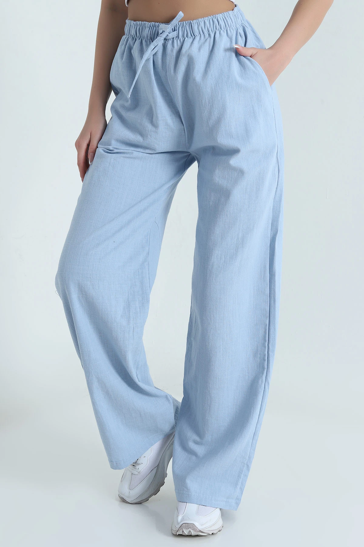 Bebe Mavisi Ham Bez Keten Palazzo Kadın Pantolon 462096