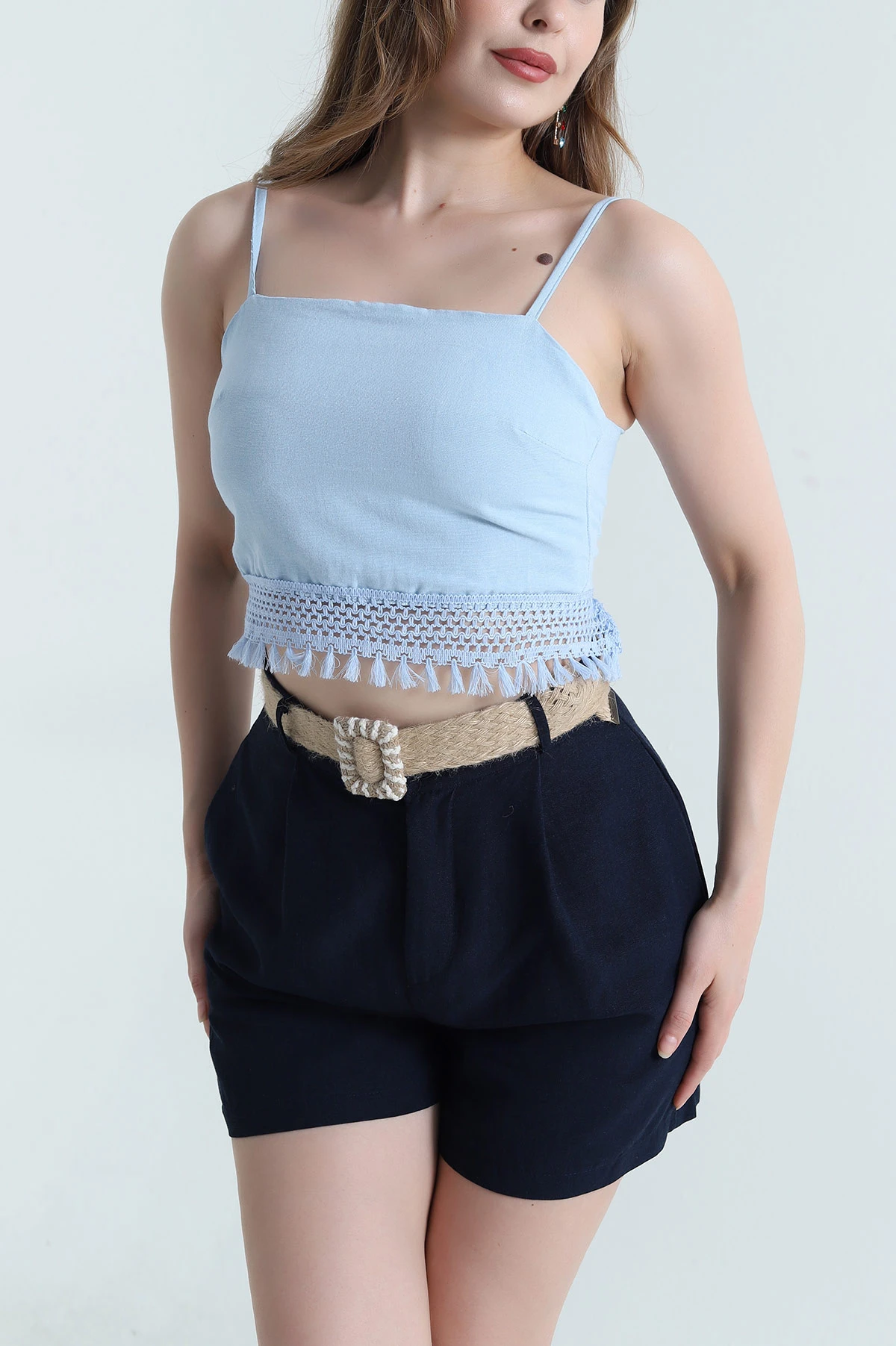 Bebe Mavisi İp Askılı Keten Kadın Crop 469437
