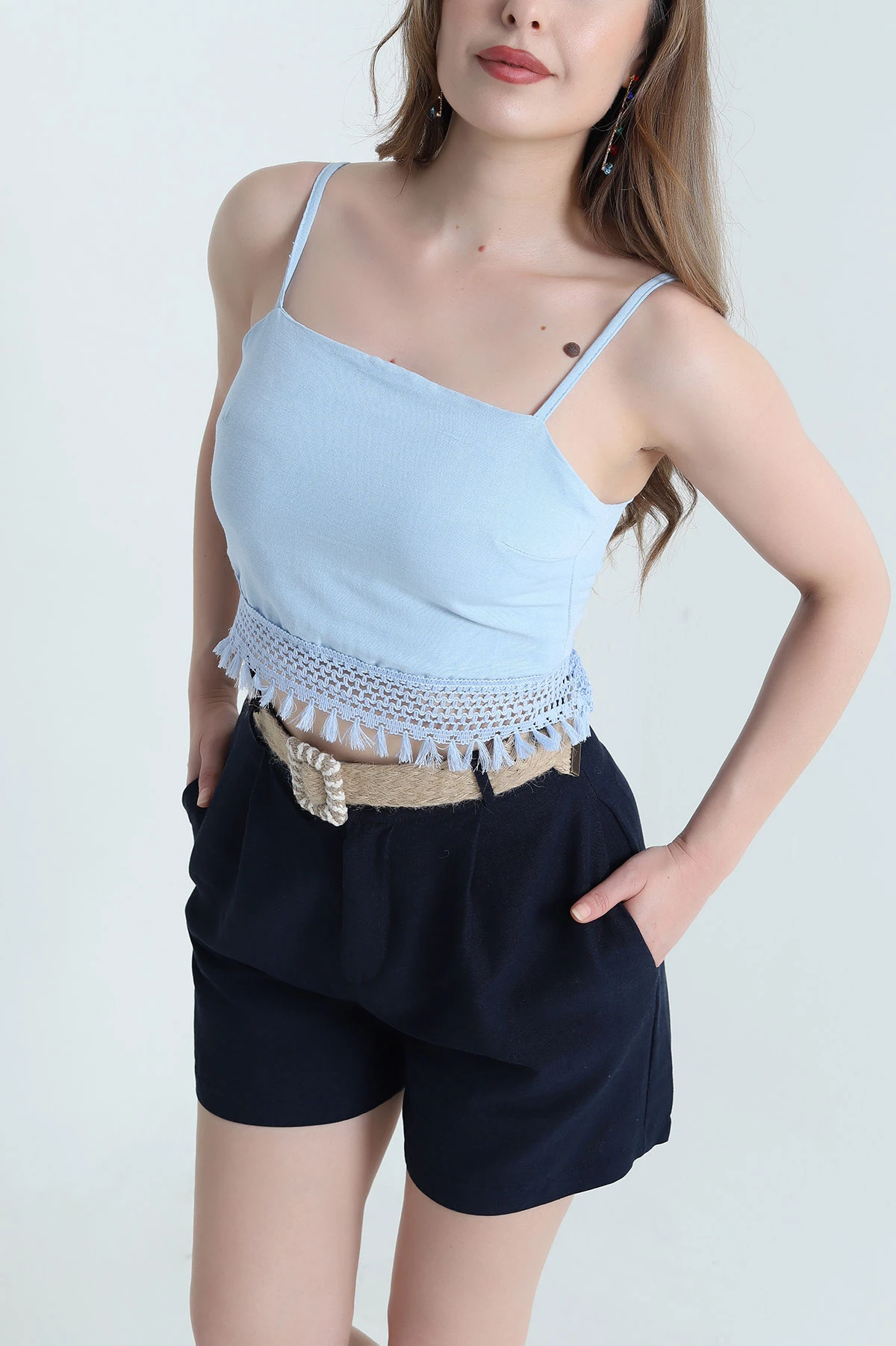 Bebe Mavisi İp Askılı Keten Kadın Crop 469437
