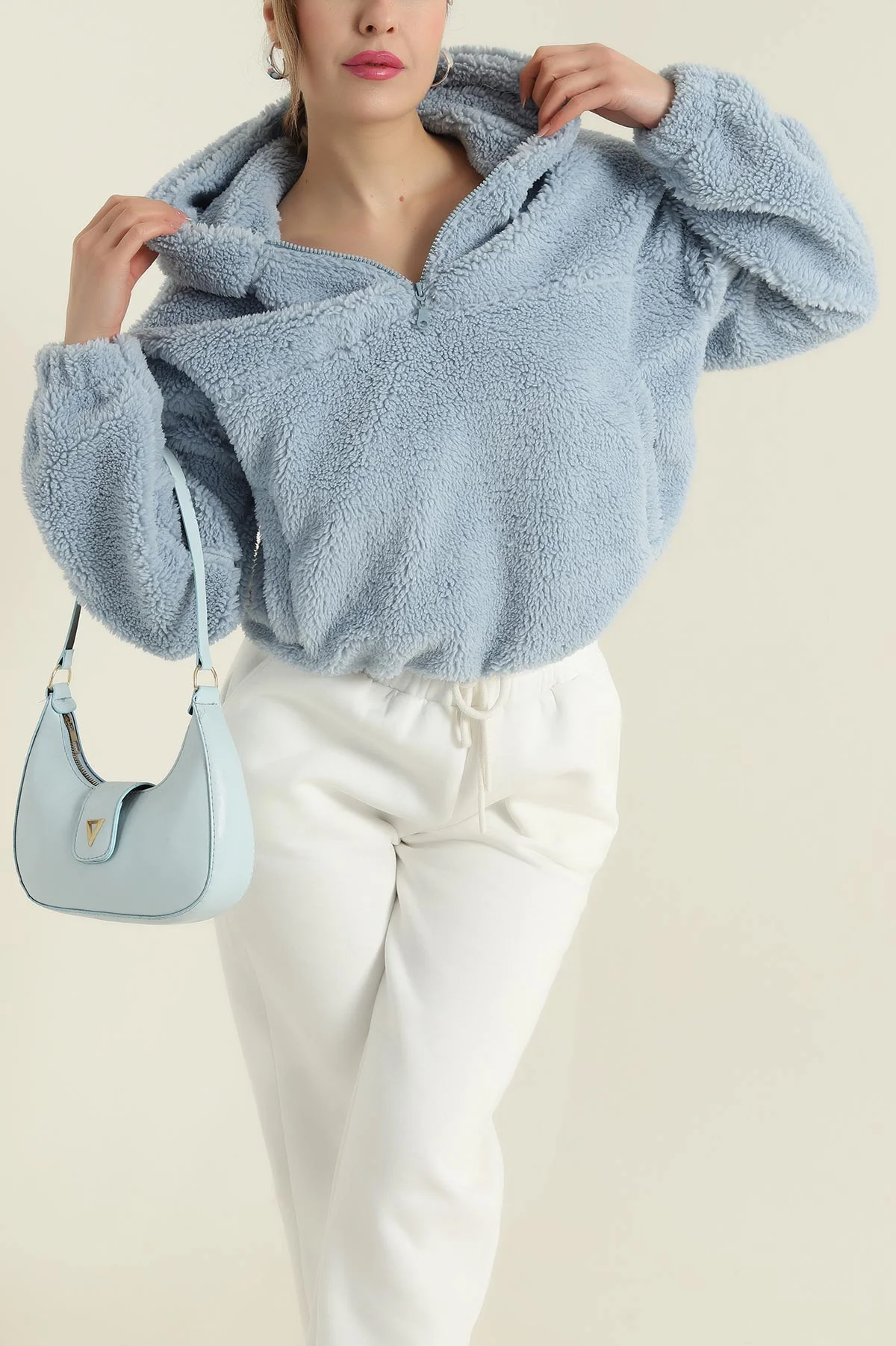Bebe Mavisi Kapüşonlu Kuzu Yumoş Kadın Sweat 419535
