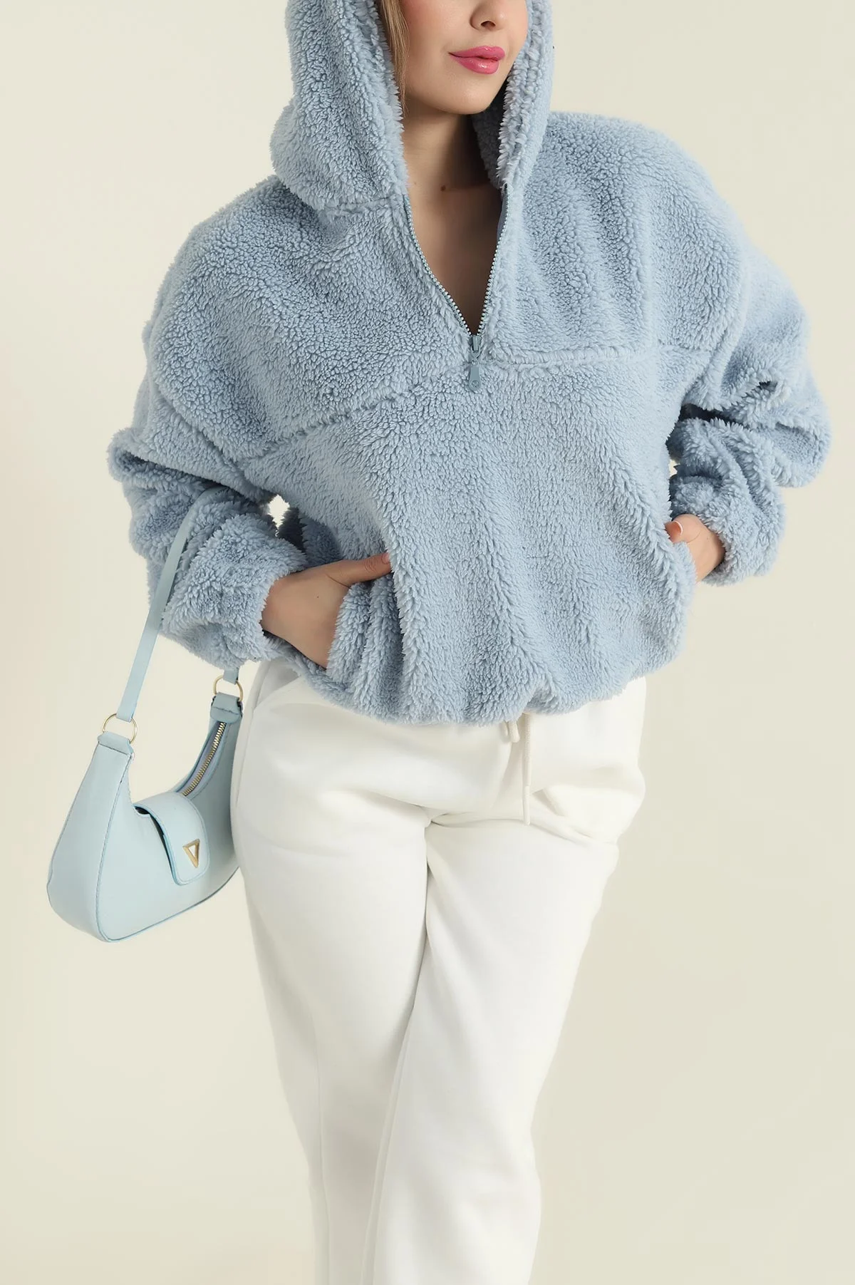 Bebe Mavisi Kapüşonlu Kuzu Yumoş Kadın Sweat 419535