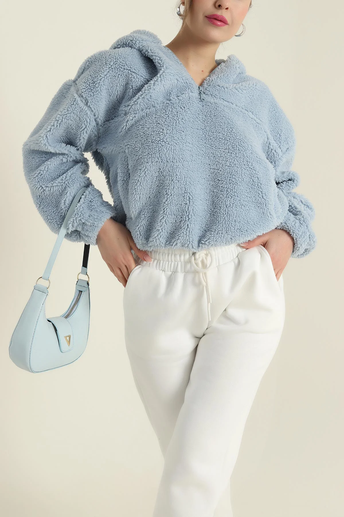 Bebe Mavisi Kapüşonlu Kuzu Yumoş Kadın Sweat 419535