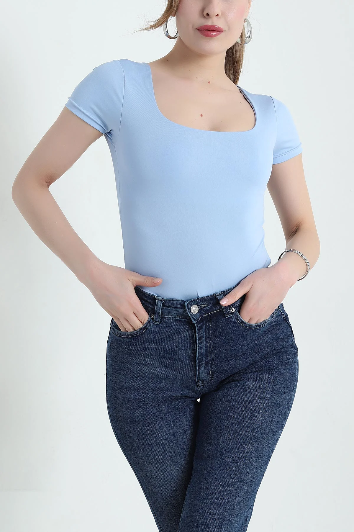 Bebe Mavisi Kare Yaka Scuba Kadın Zıbın Bluz 432318