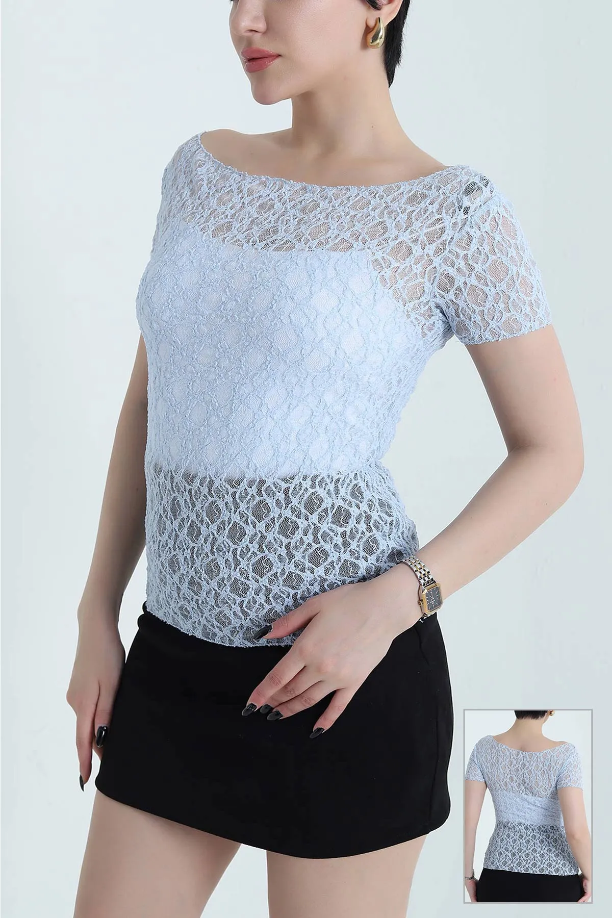 Bebe Mavisi Kayık Yaka Dantelli Tül Kadın Bluz 454025